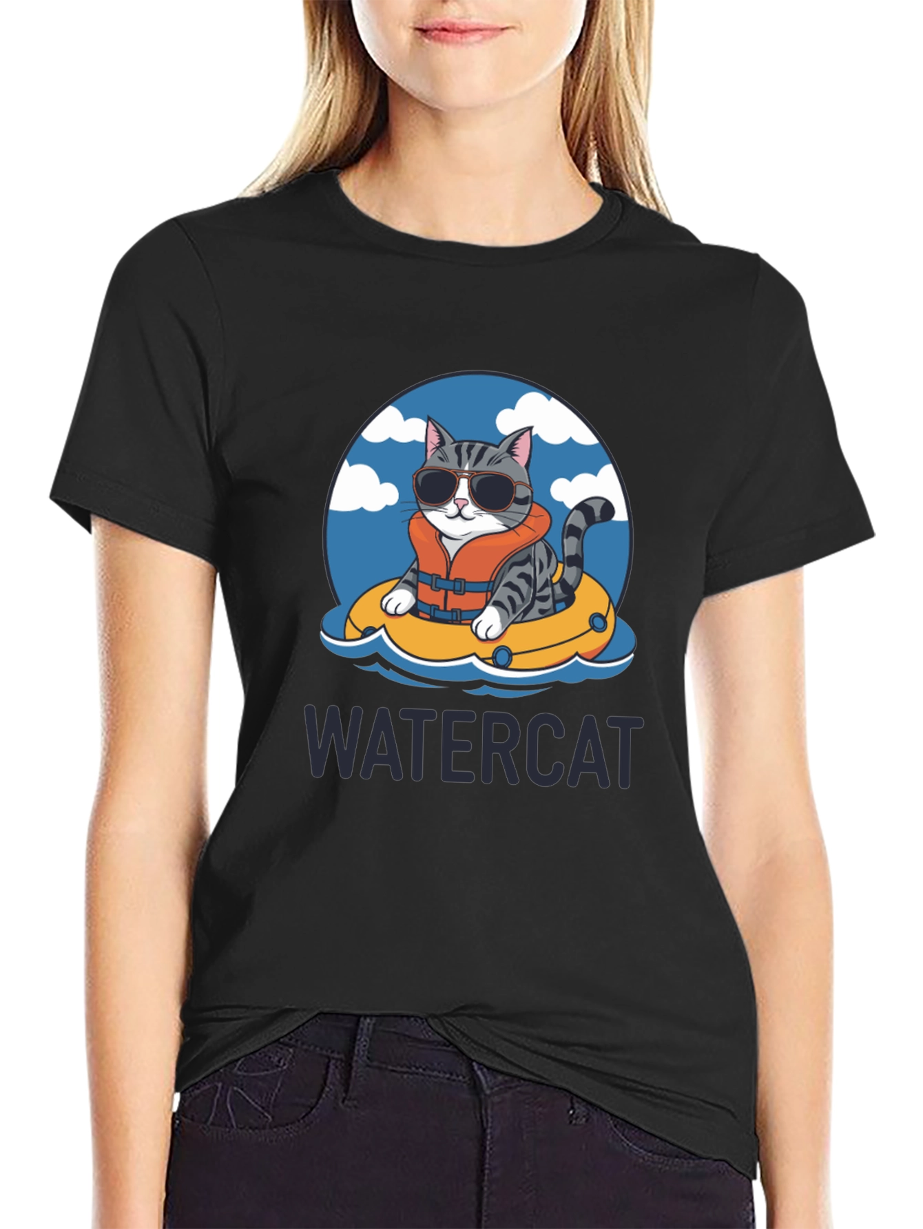Black Watercat T-Shirt - Funny Cat in Pool Design view 2