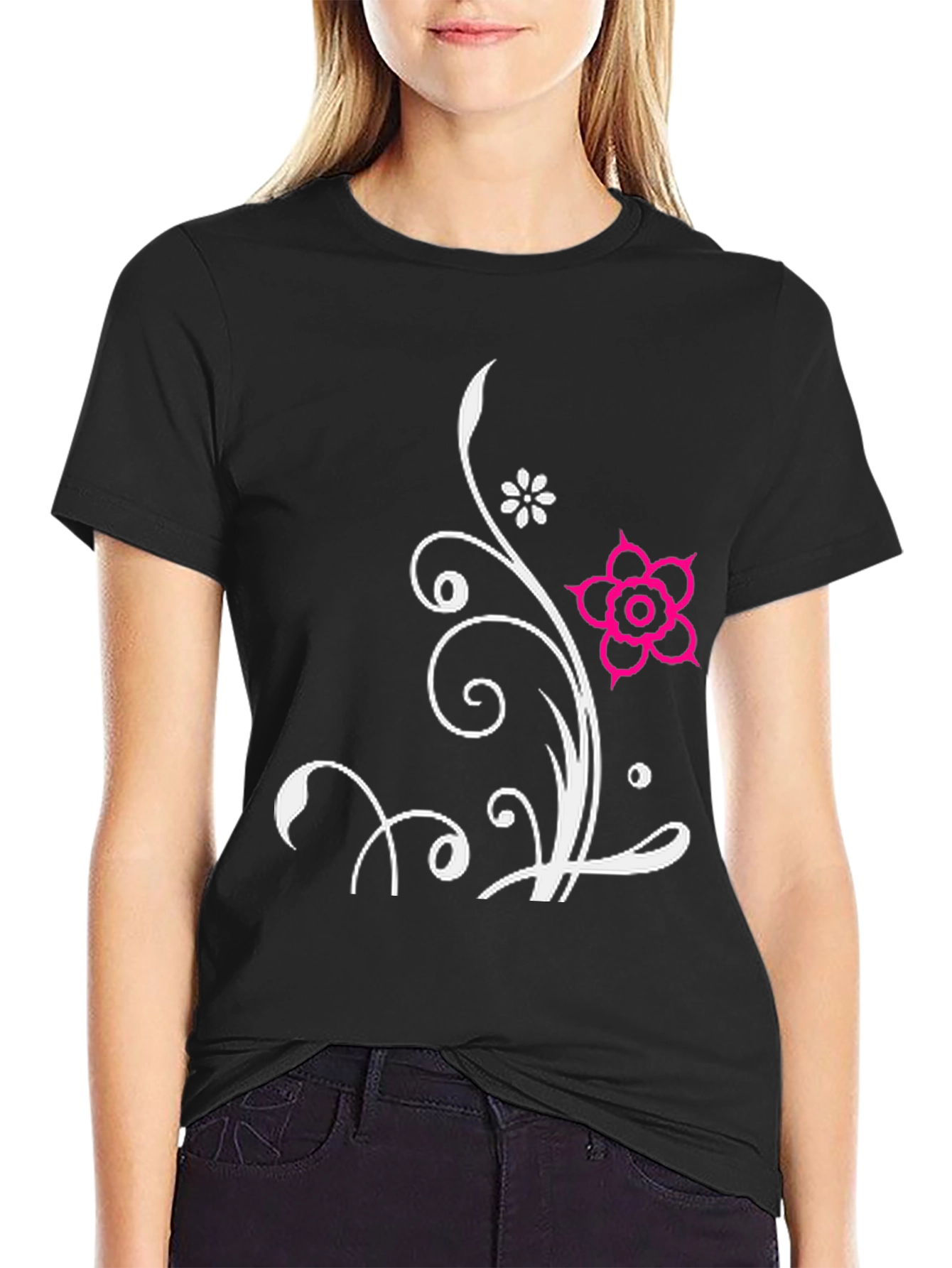 Black Floral Design Black T-Shirt view 2