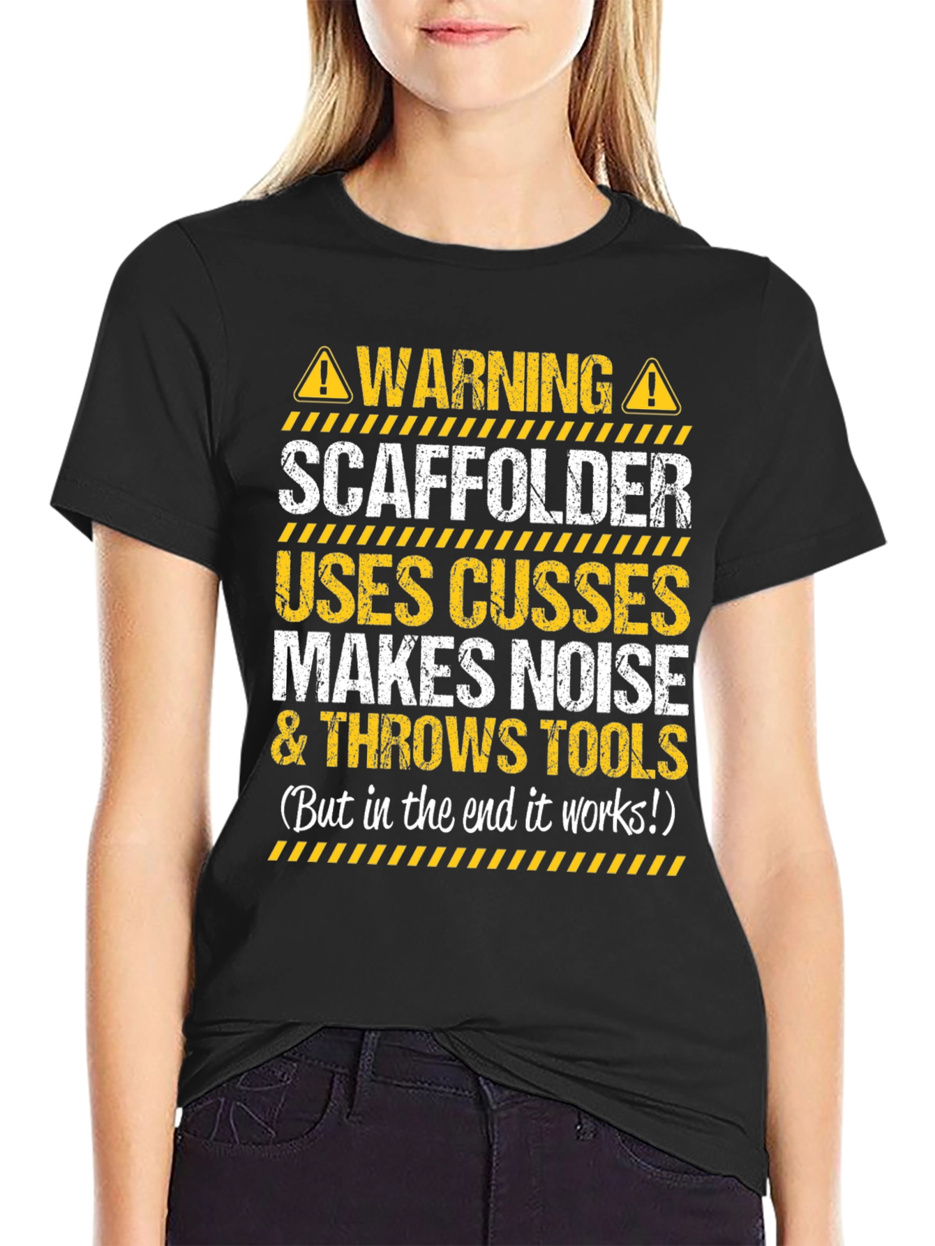 Black Warning Scaffolder T-Shirt - Funny Construction Worker Tee view 2