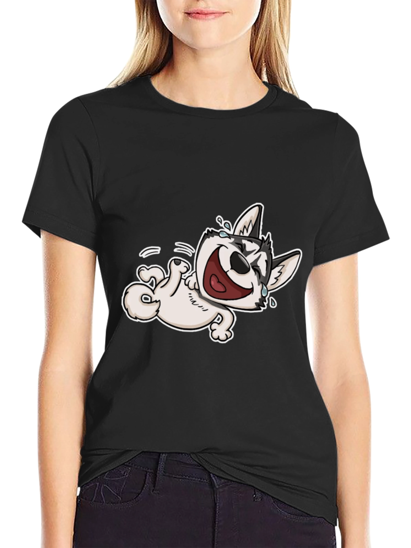 Black Laughing Husky T-Shirt - Black Cotton Tee view 2