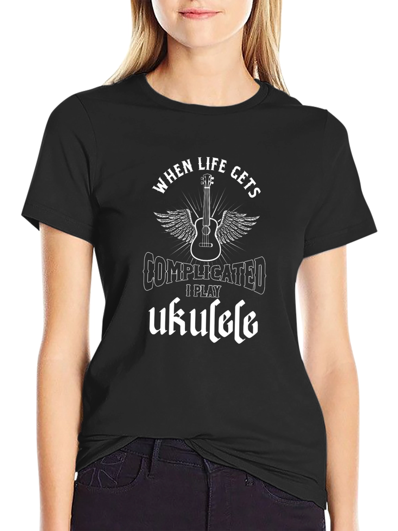 Black Complicated? Play Ukulele Black Graphic T-Shirt view 2