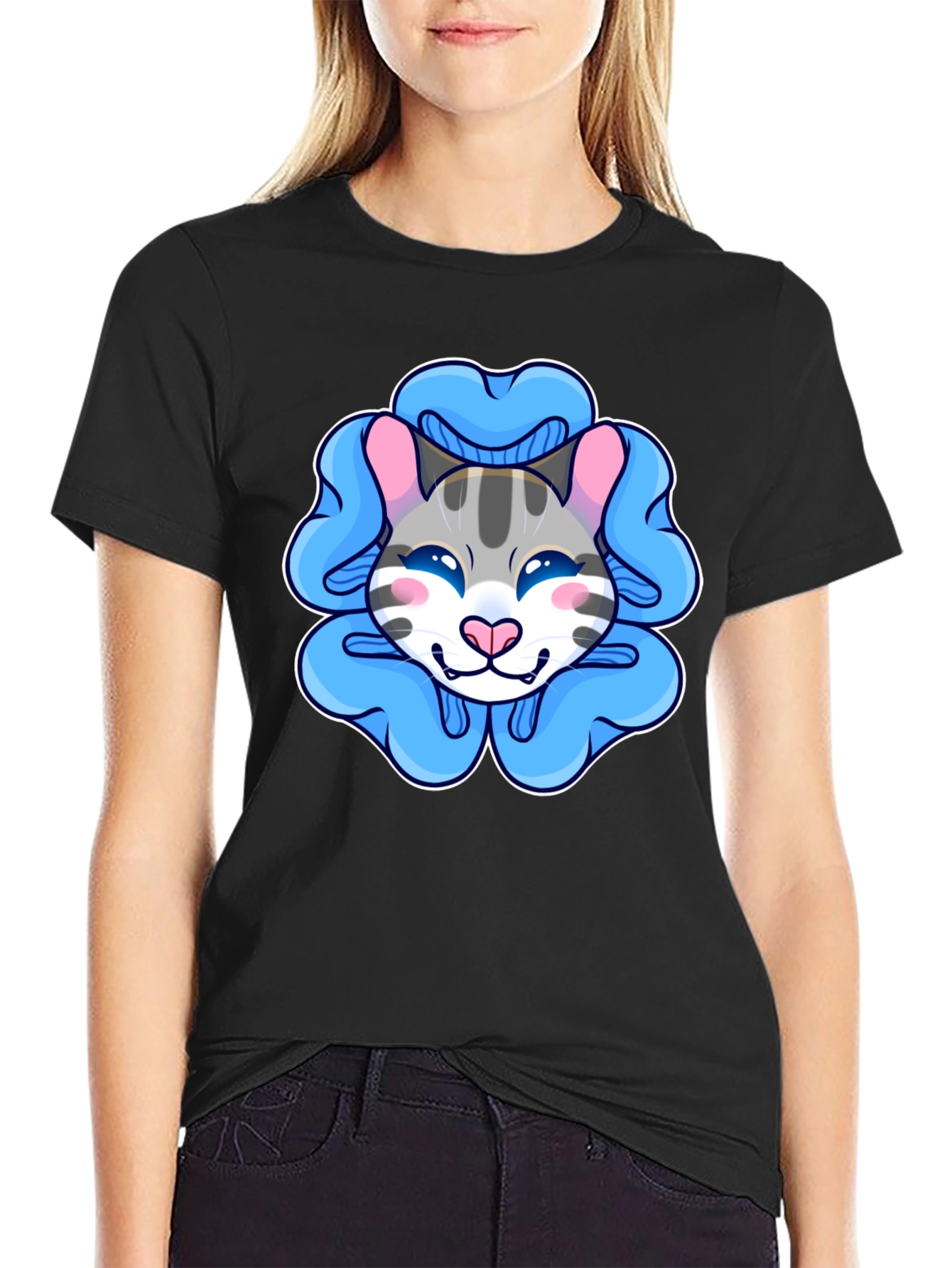 Black Cute Cartoon Cat T-Shirt view 2