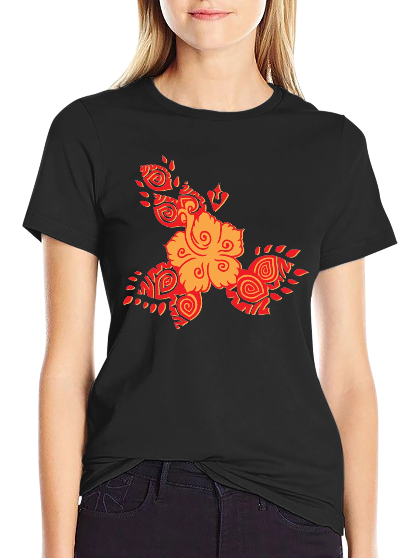 Black Tribal Flower Graphic Black T-Shirt view 2