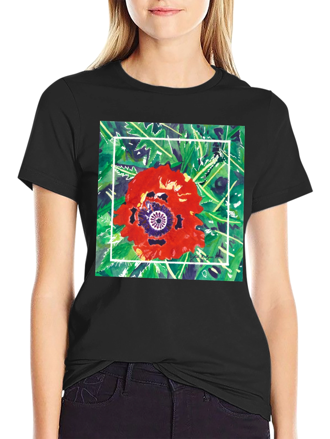 Black Floral Graphic T-Shirt - Unique Artistic Print view 2