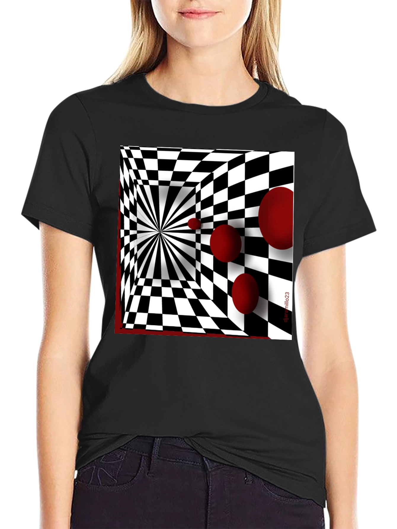 Black Optical Illusion Red Orb Black T-Shirt view 2