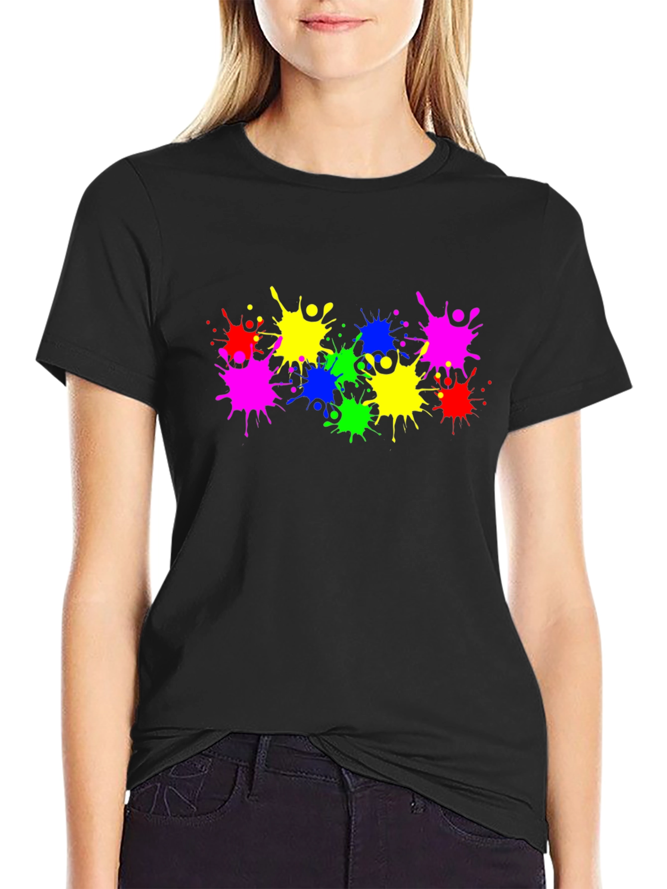 Black Colorful Paint Splatter Graphic T-Shirt view 2