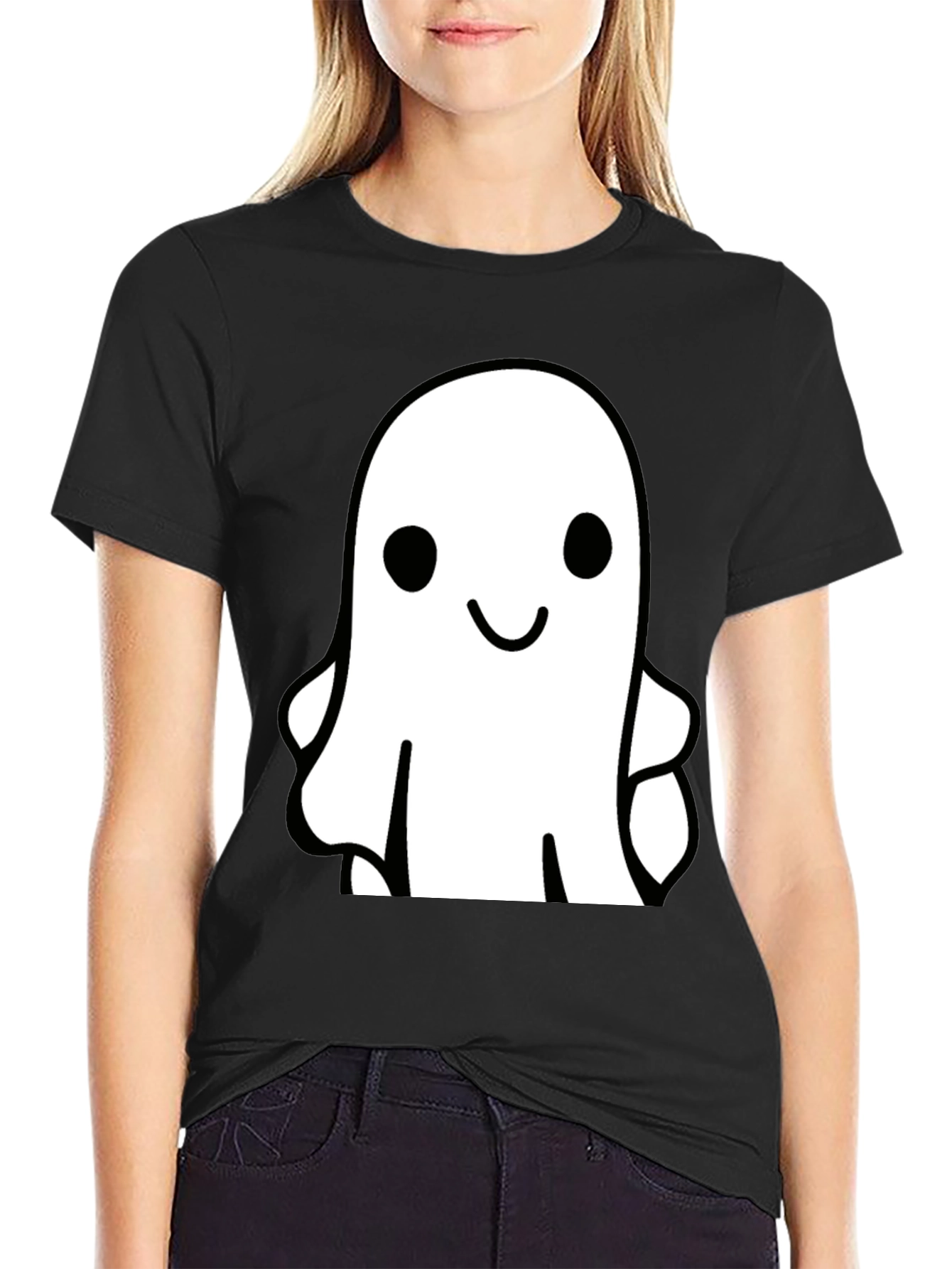Black Cute Ghost Graphic Tee - Black Cotton T-Shirt view 2