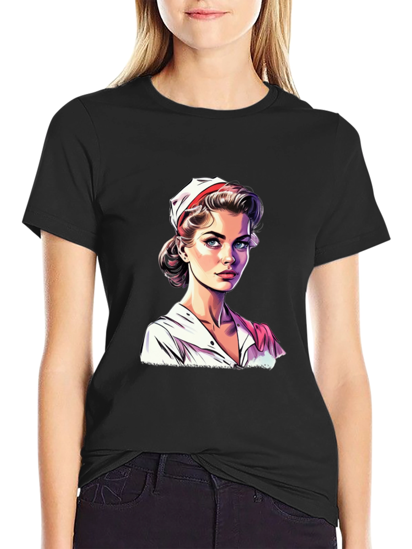 Black Vintage Nurse Graphic Tee - Retro Style T-Shirt view 2