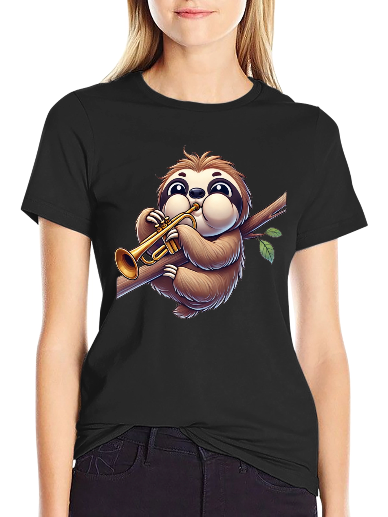 Black Sloth Trumpet T-Shirt - Cartoon Music Lover Tee view 2