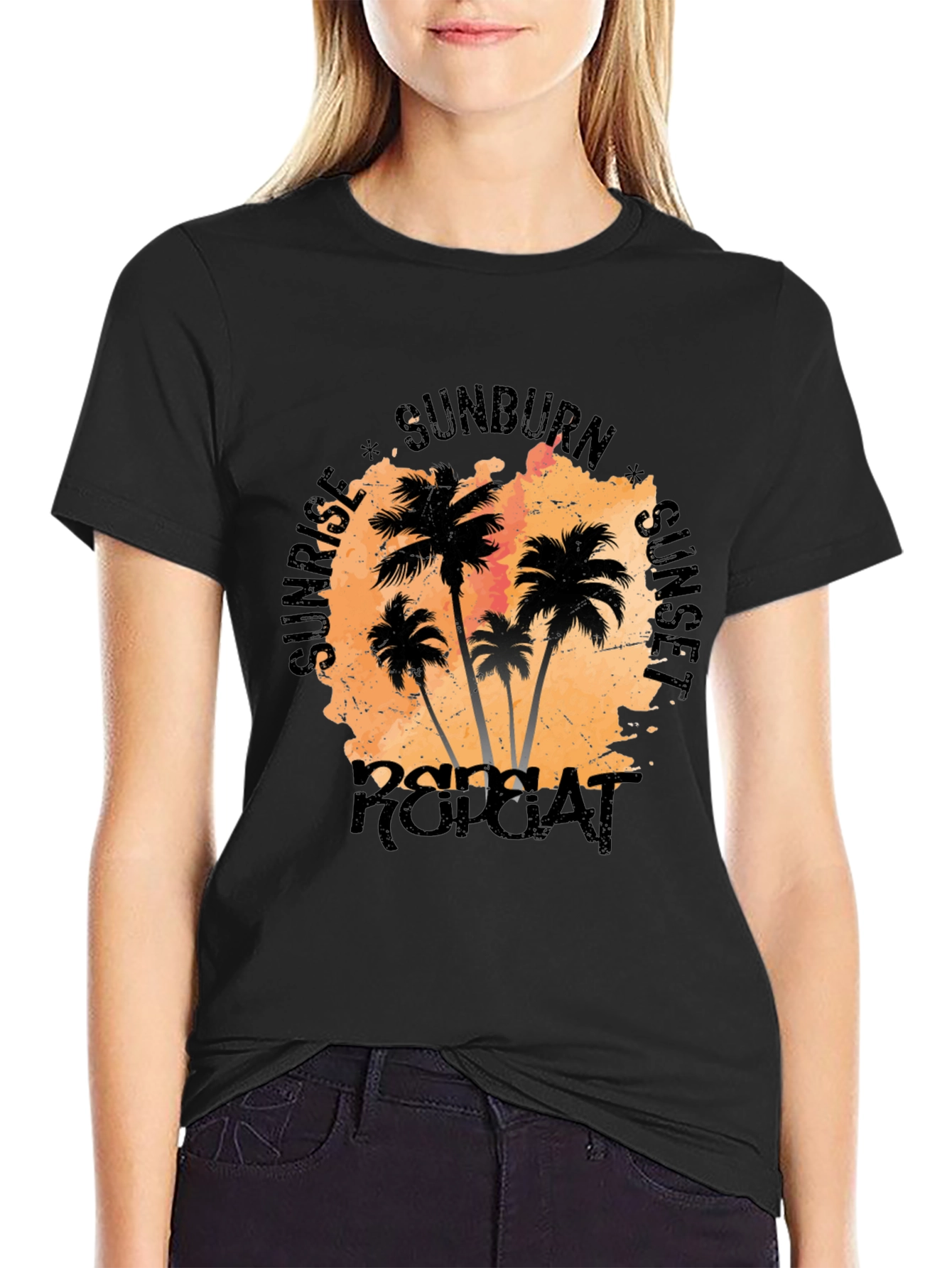 Black Sunrise Sunset Repeat Palm Tree T-Shirt view 2