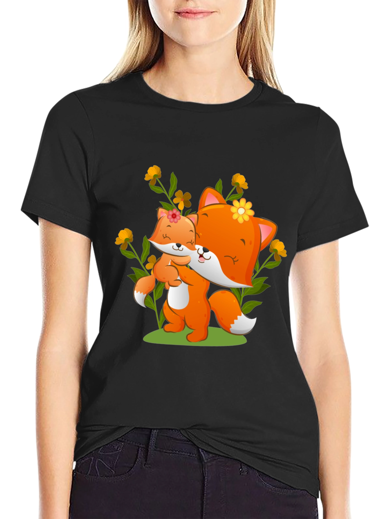 Black Cute Fox & Cub Graphic Tee view 2