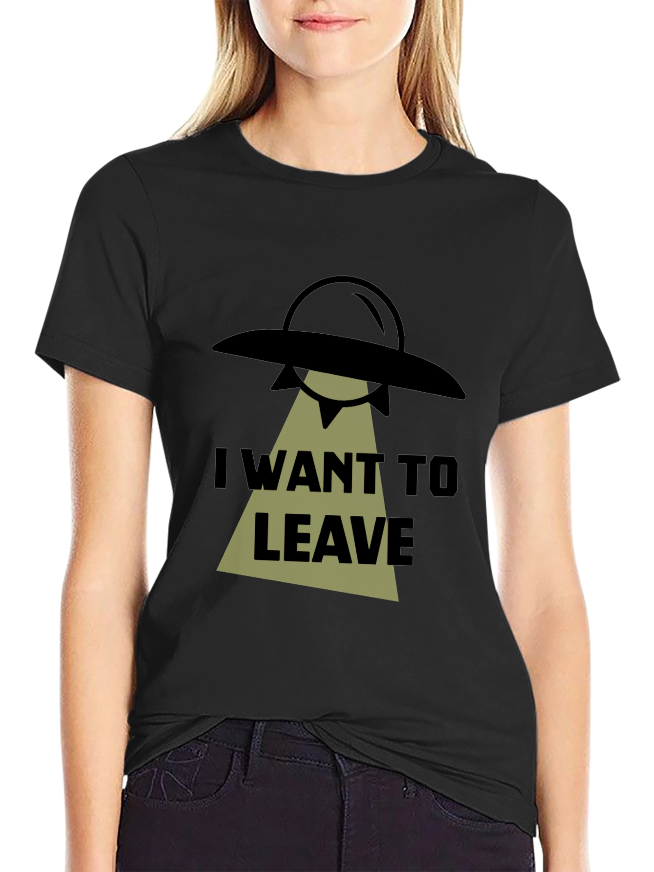 Black I Want To Leave Alien UFO Graphic T-Shirt view 2