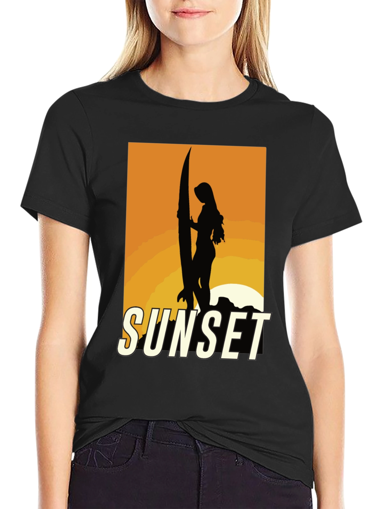 Black Sunset Surfer Graphic Tee - Black Cotton T-Shirt view 2