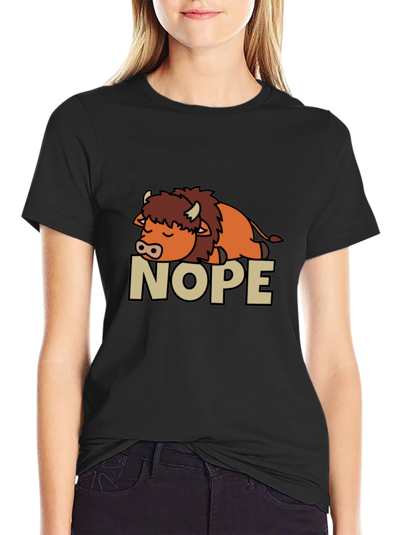 Black Nope Buffalo T-Shirt - Funny Sleepy Bison Tee view 2