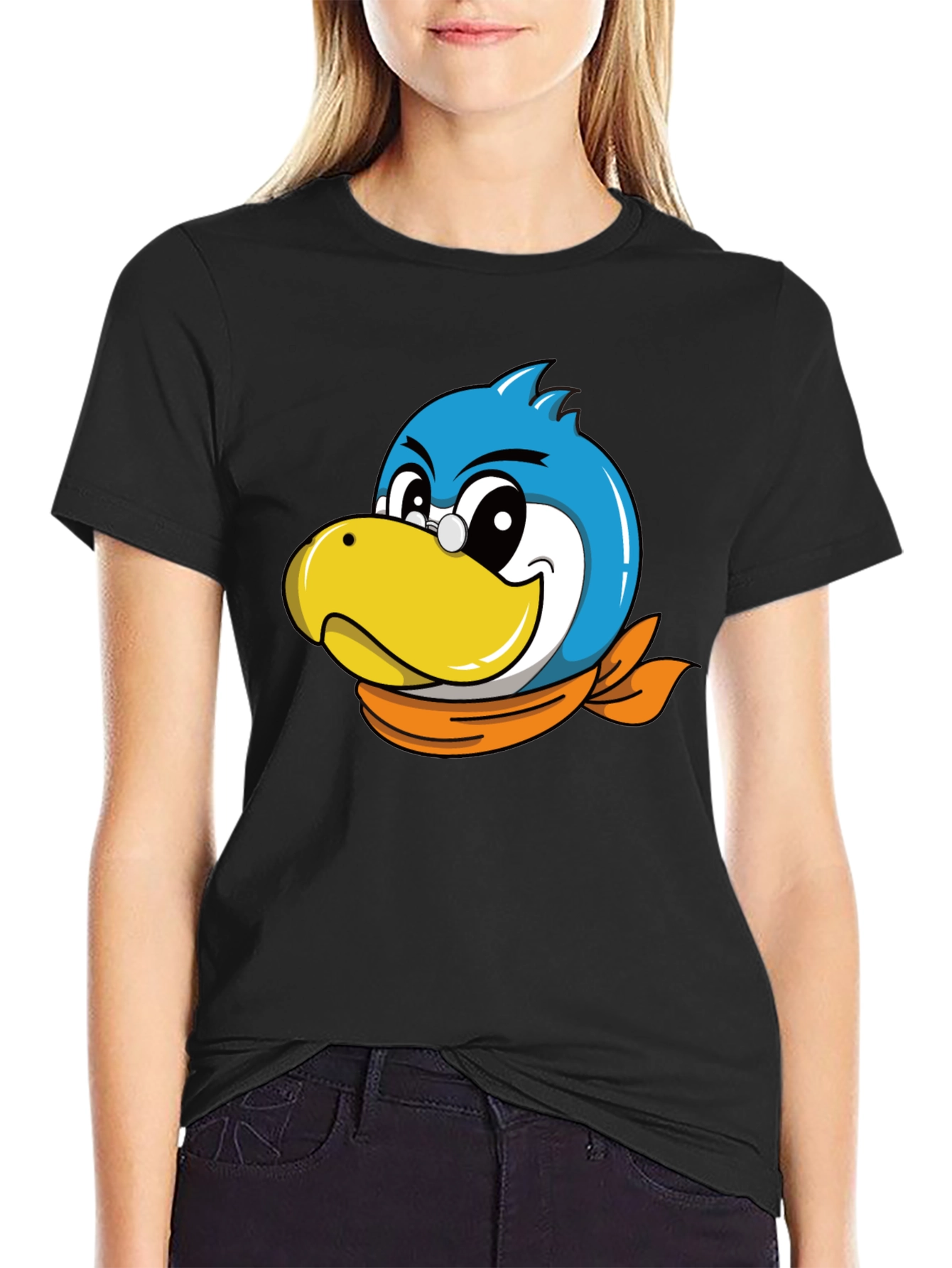 Black Cartoon Bird Graphic Tee - Black Cotton Blend view 2