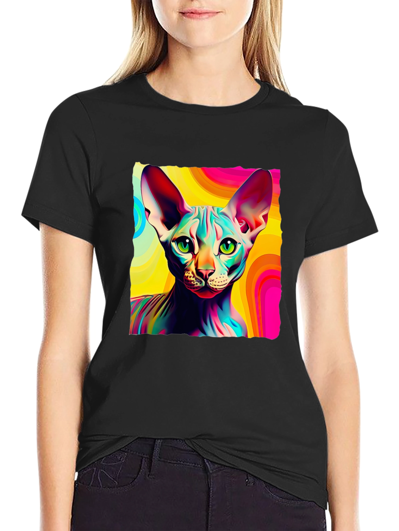 Black Psychedelic Sphynx Cat Graphic Tee - Unisex view 2