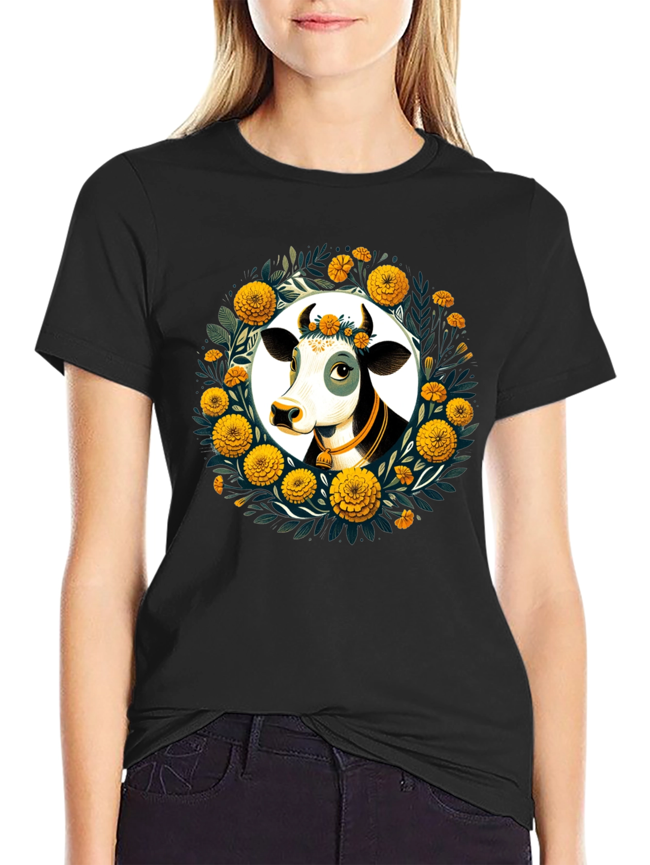 Black Floral Cow Graphic Tee - Black Unisex T-Shirt view 2