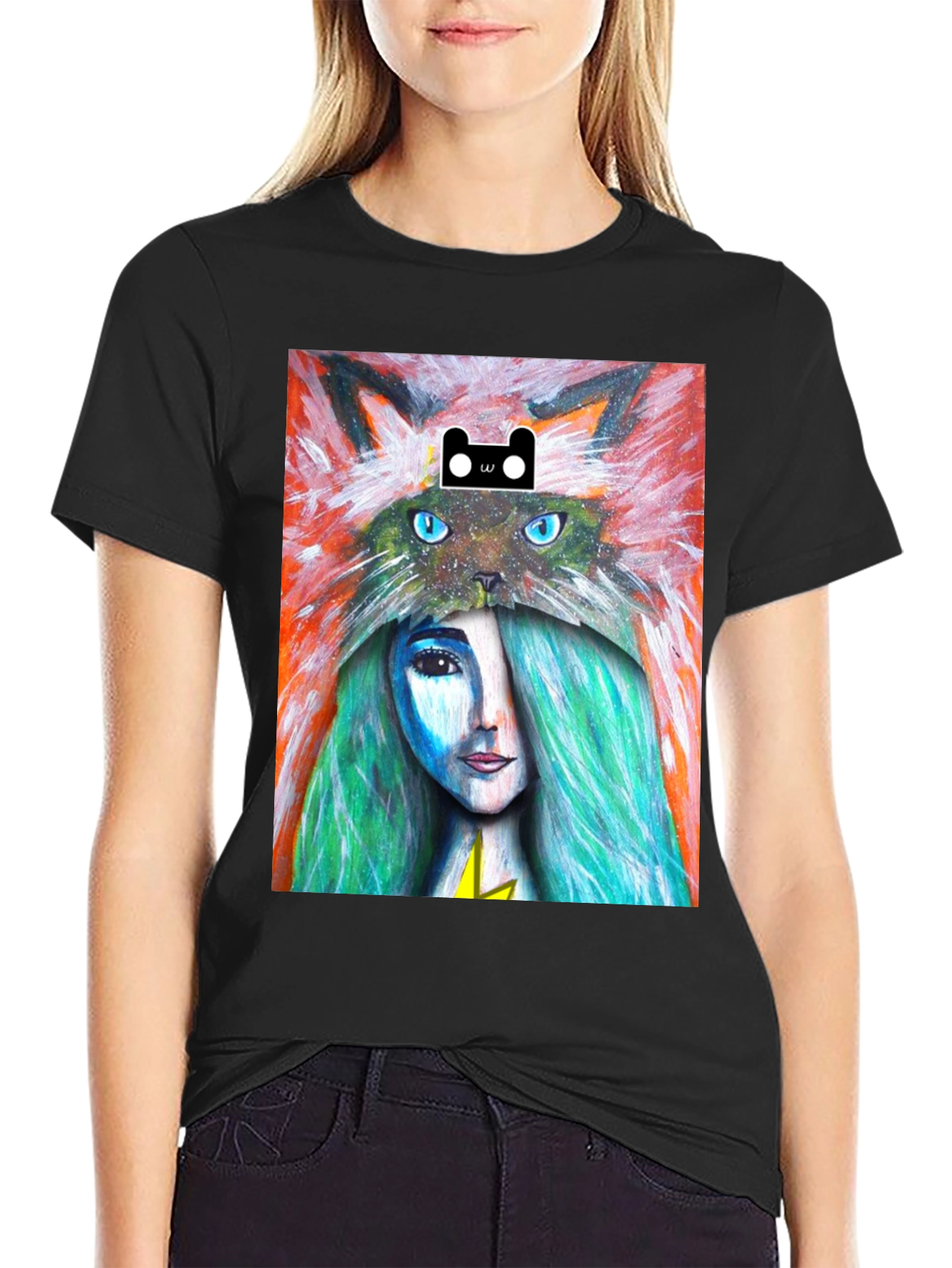 Black Artistic T-Shirt with Cat and Woman Design view 2
