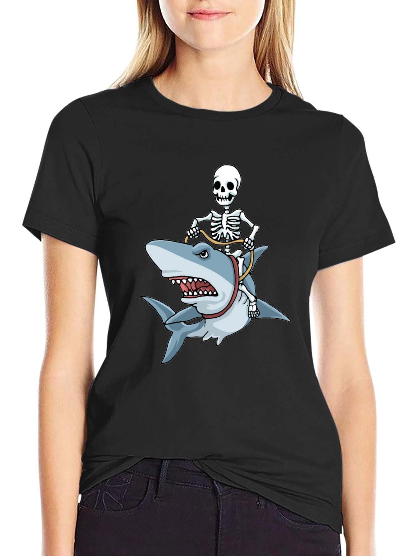Black Skeleton Riding Shark Graphic T-Shirt view 2