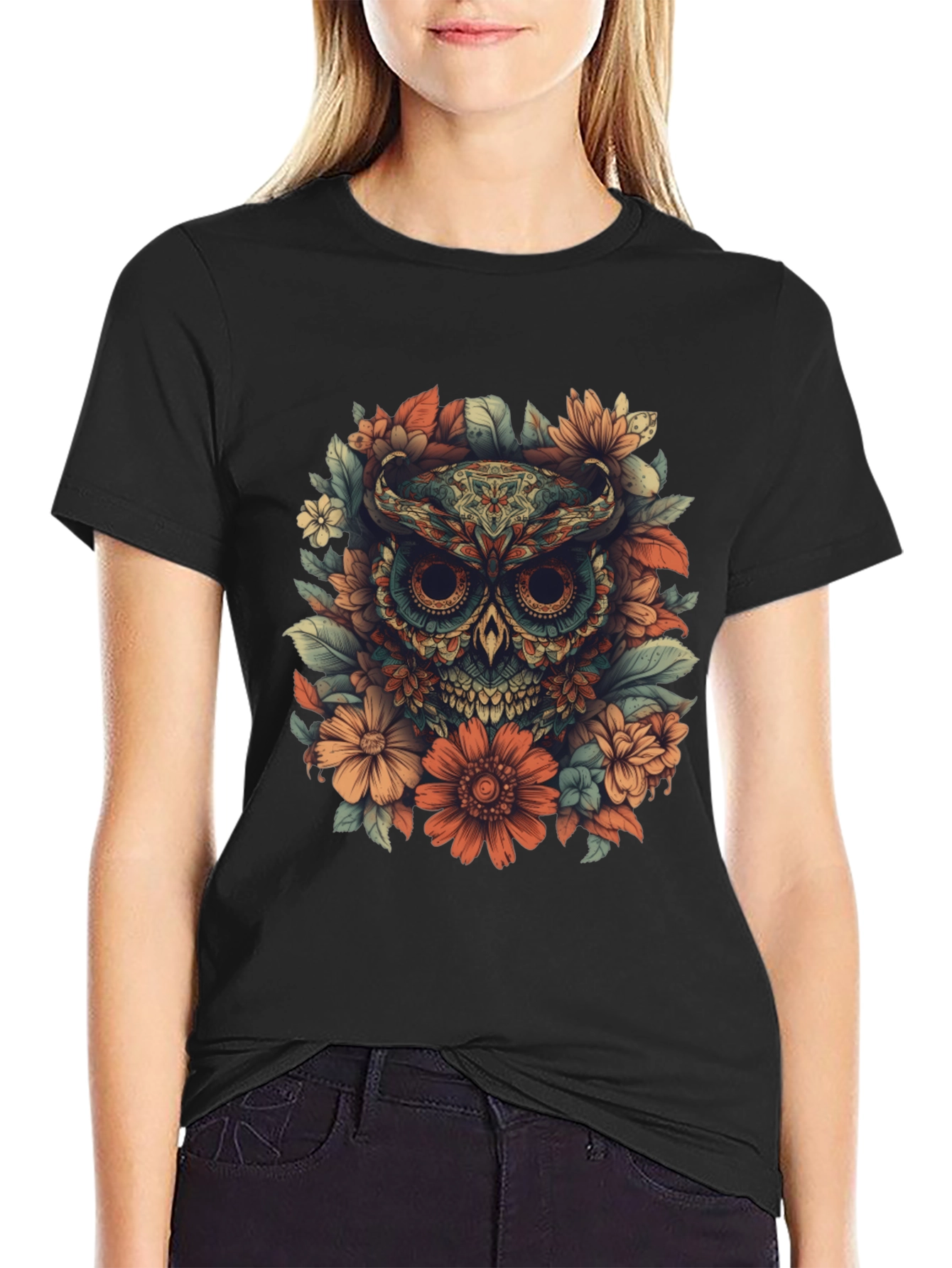 Black Floral Owl Graphic Tee - Unique Design view 2