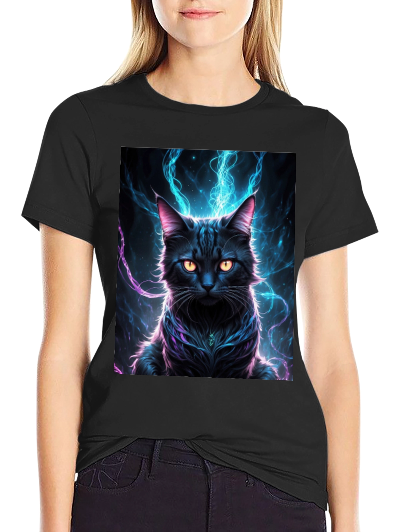 Mystic Feline T-Shirt: Black Cat with Electric Aura Design - 2