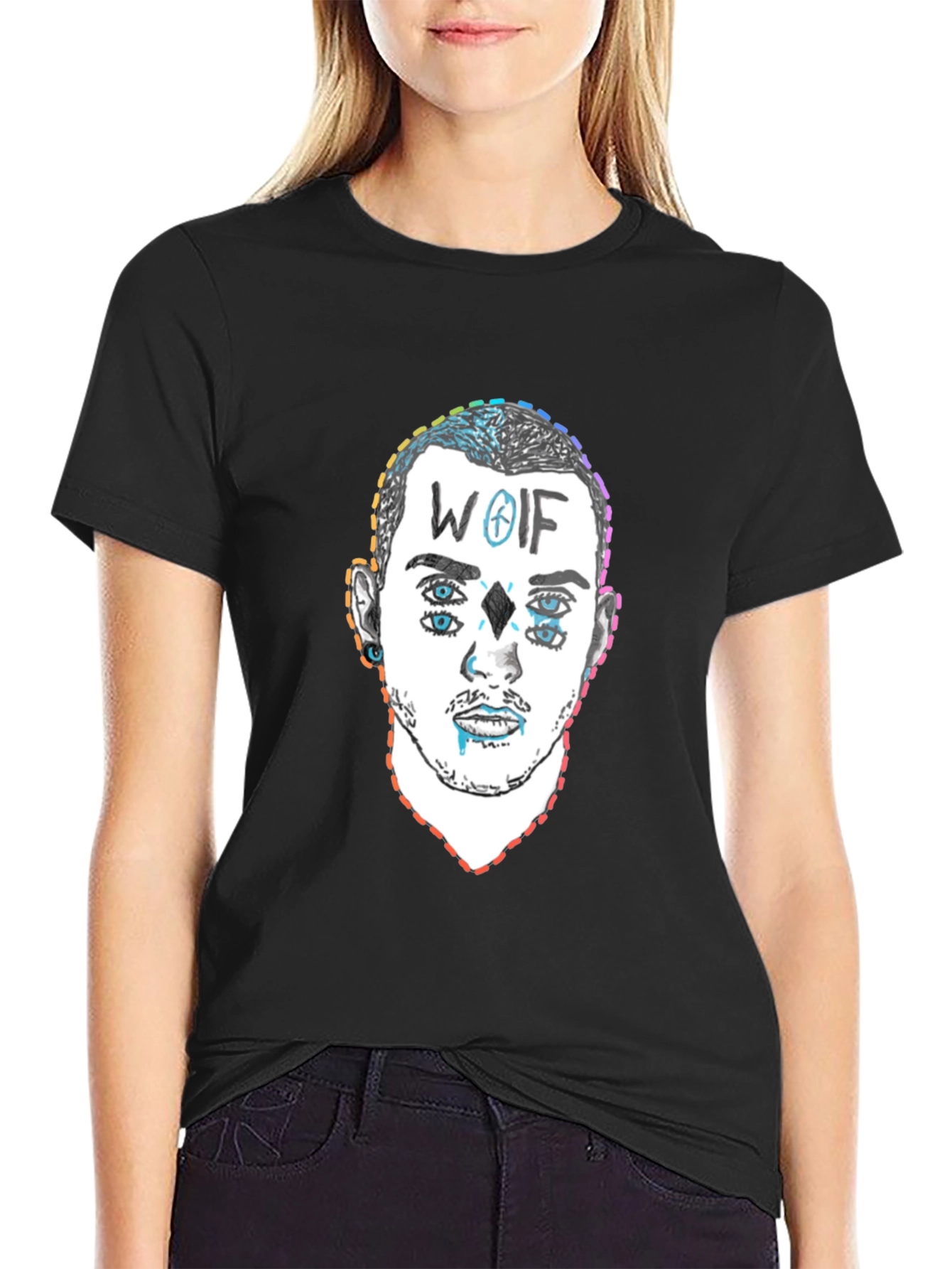 Black Wolf Design Graphic Tee - Black Crew Neck T-Shirt view 2