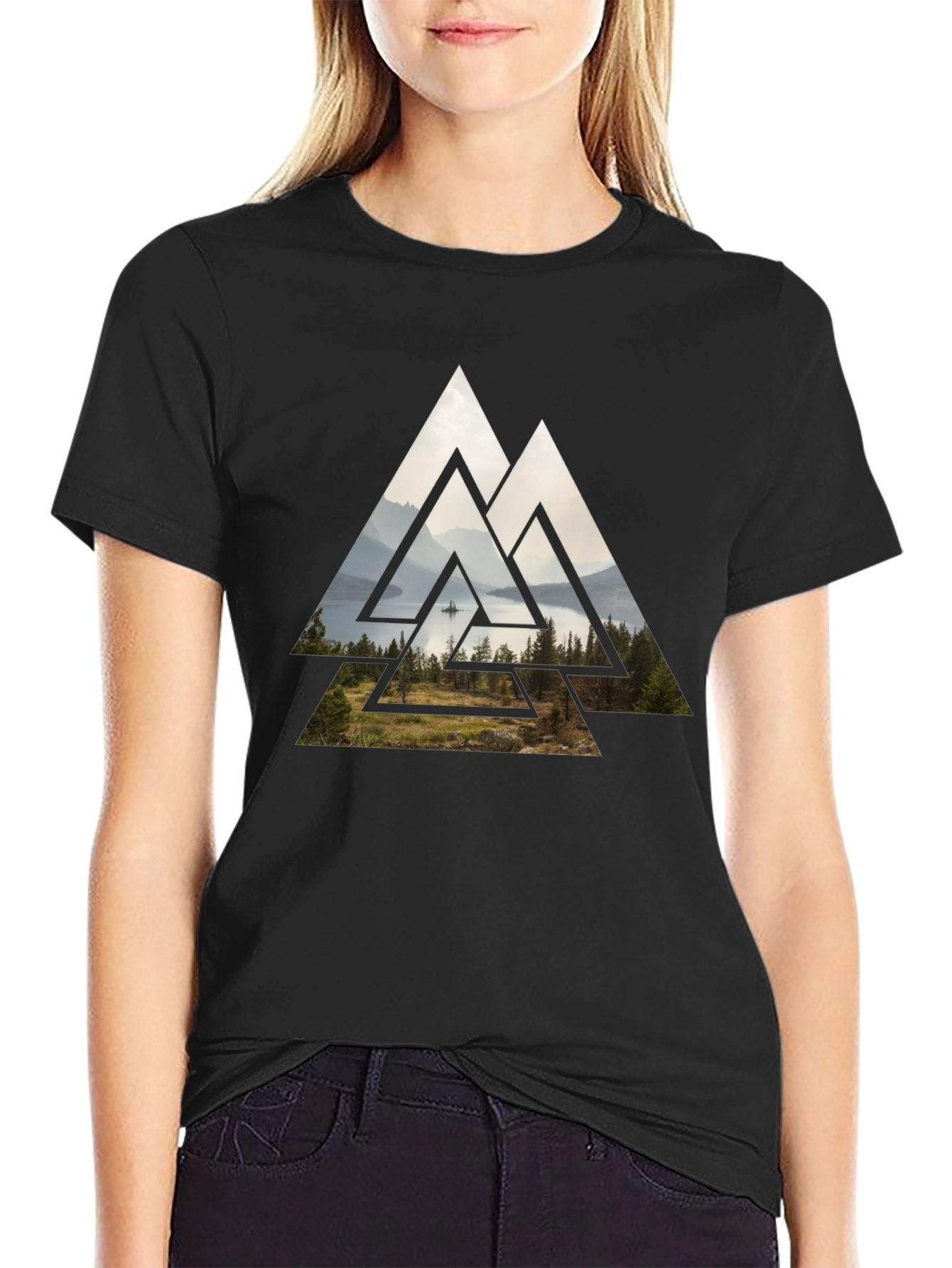 Black Geometric Landscape Graphic Tee - Black Cotton Blend view 2