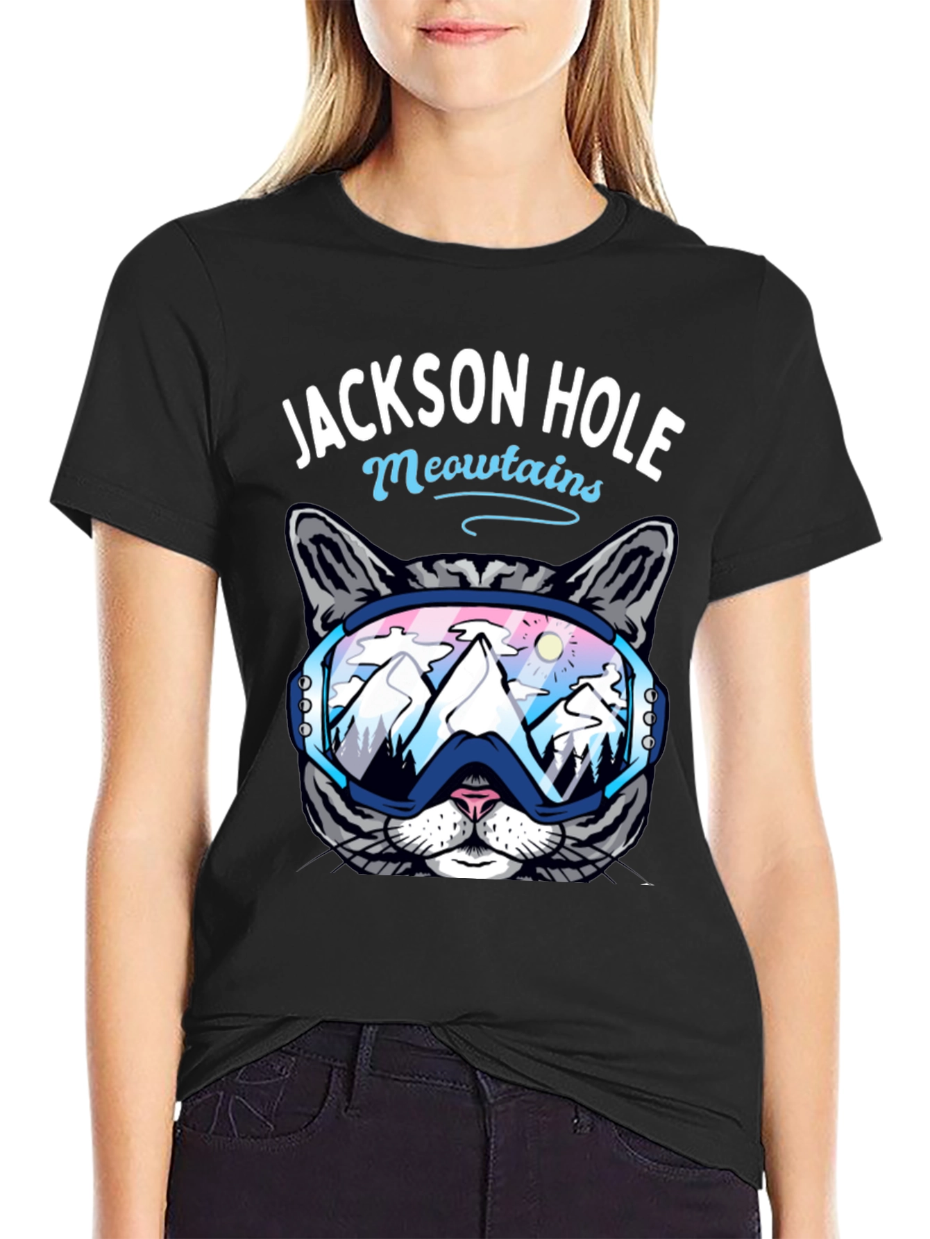 Black Jackson Hole Meowtains Cat Ski T-Shirt view 2