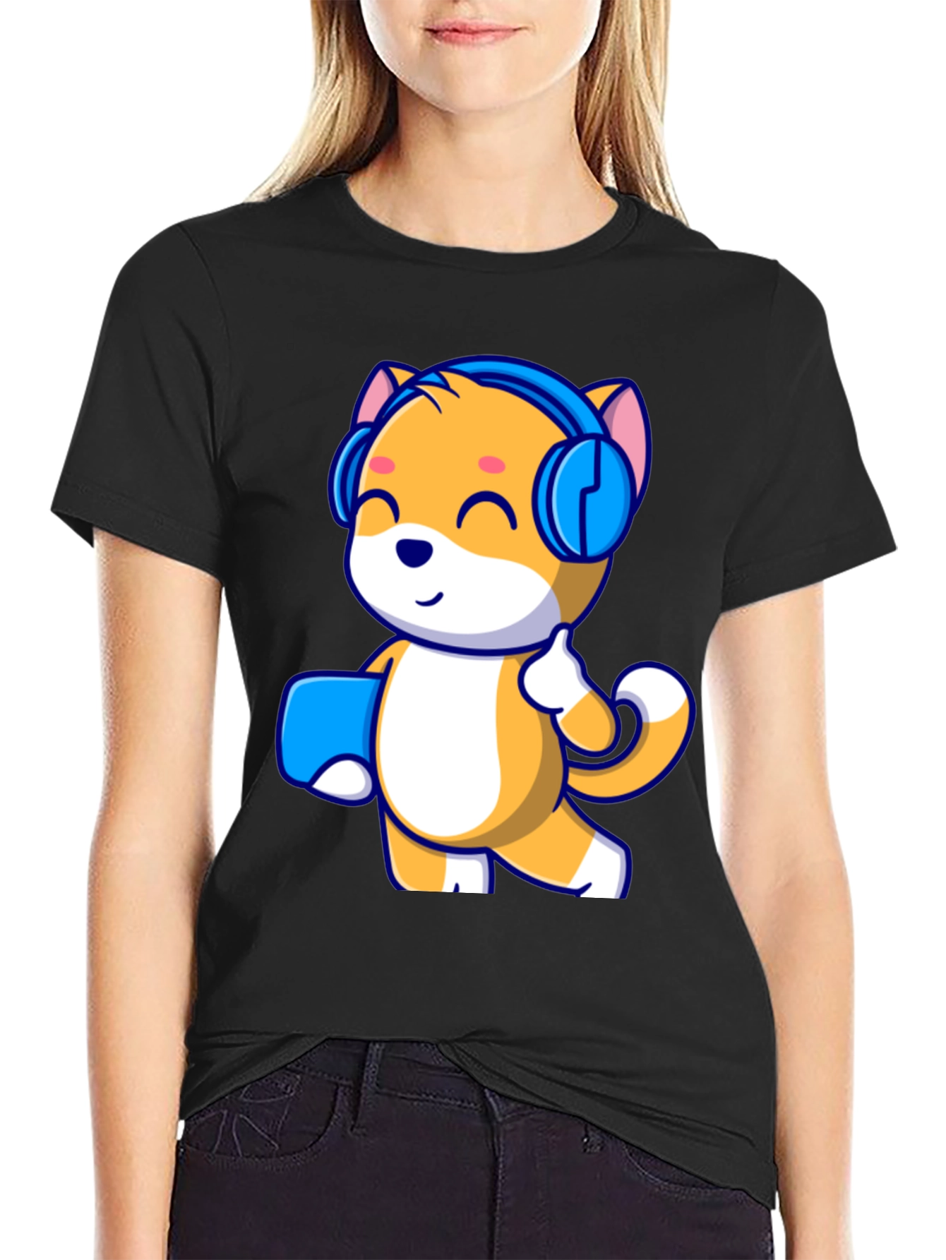 Black Cute Cartoon Cat with Headphones Black T-Shirt view 2
