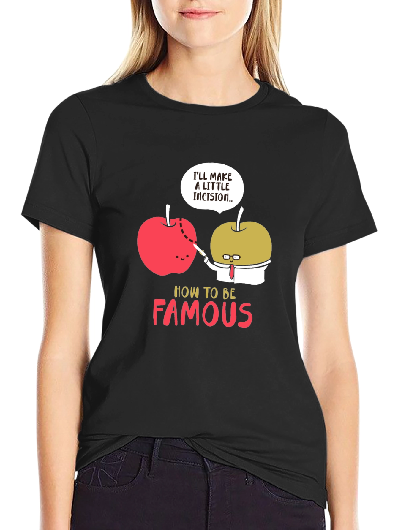 Black Funny Apple Incision Graphic T-Shirt view 2