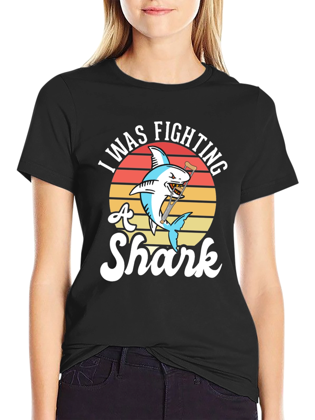 Black I Was Fighting a Shark Funny T-Shirt view 2