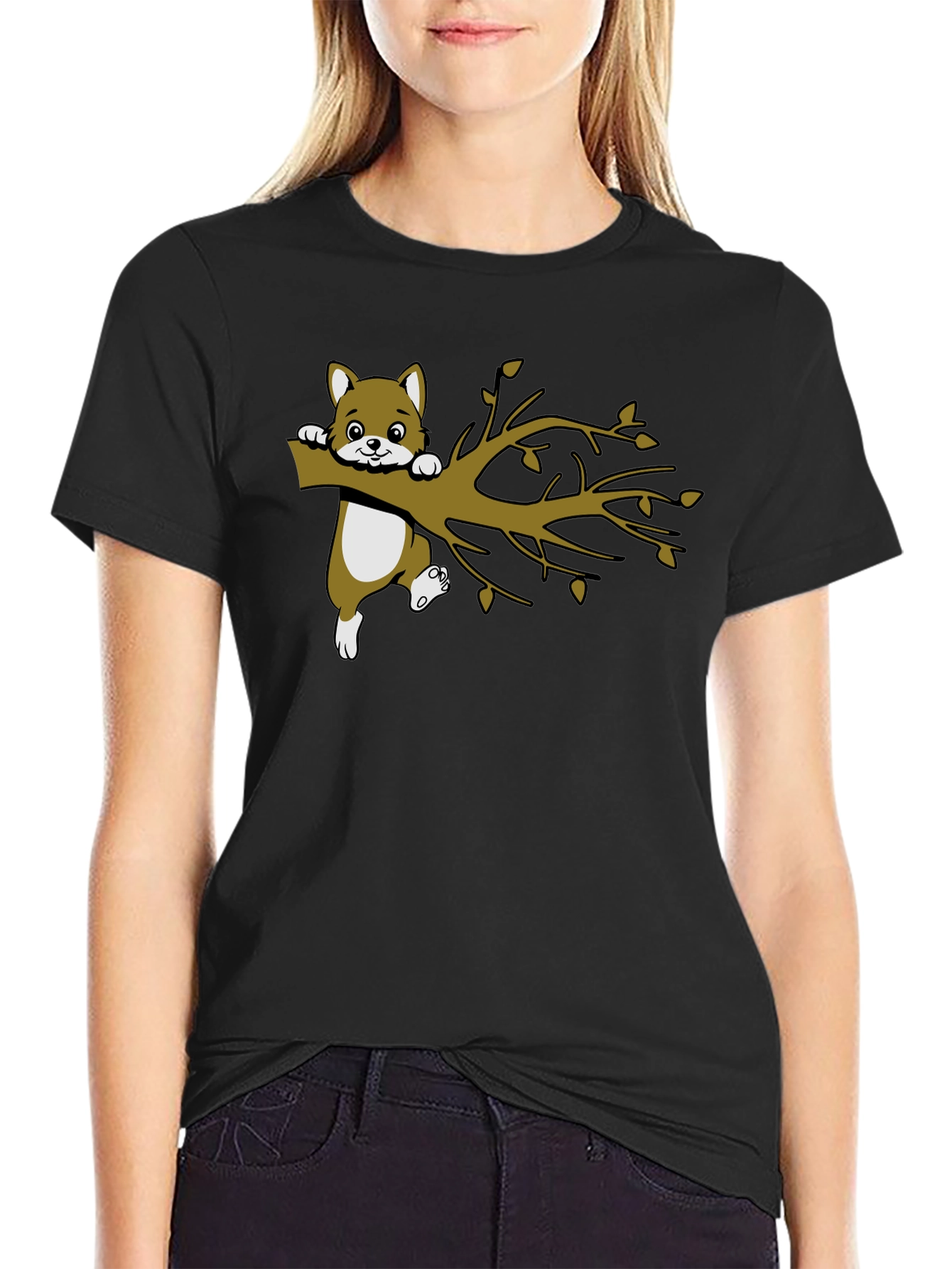 Black Cute Squirrel on Branch Graphic T-Shirt view 2