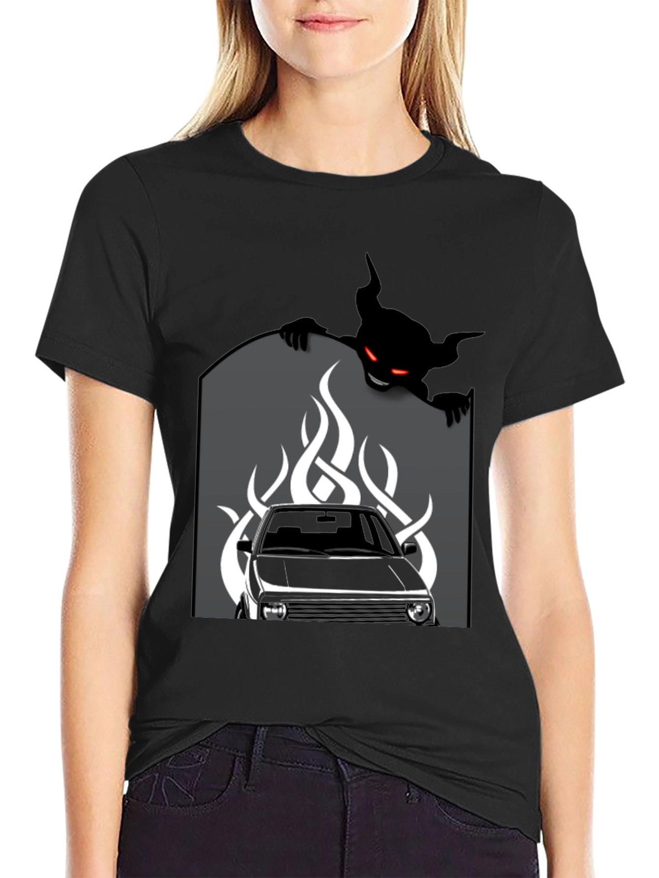 Black Men's Black Graphic Tee - Car and Devil Design view 2