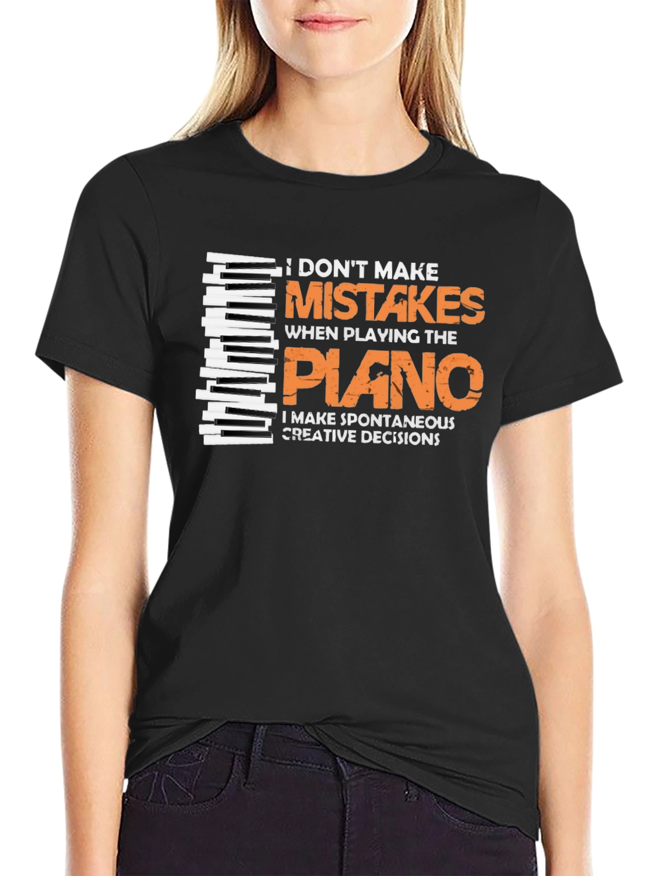 Black Funny Piano Player T-Shirt - I Don't Make Mistakes! view 2
