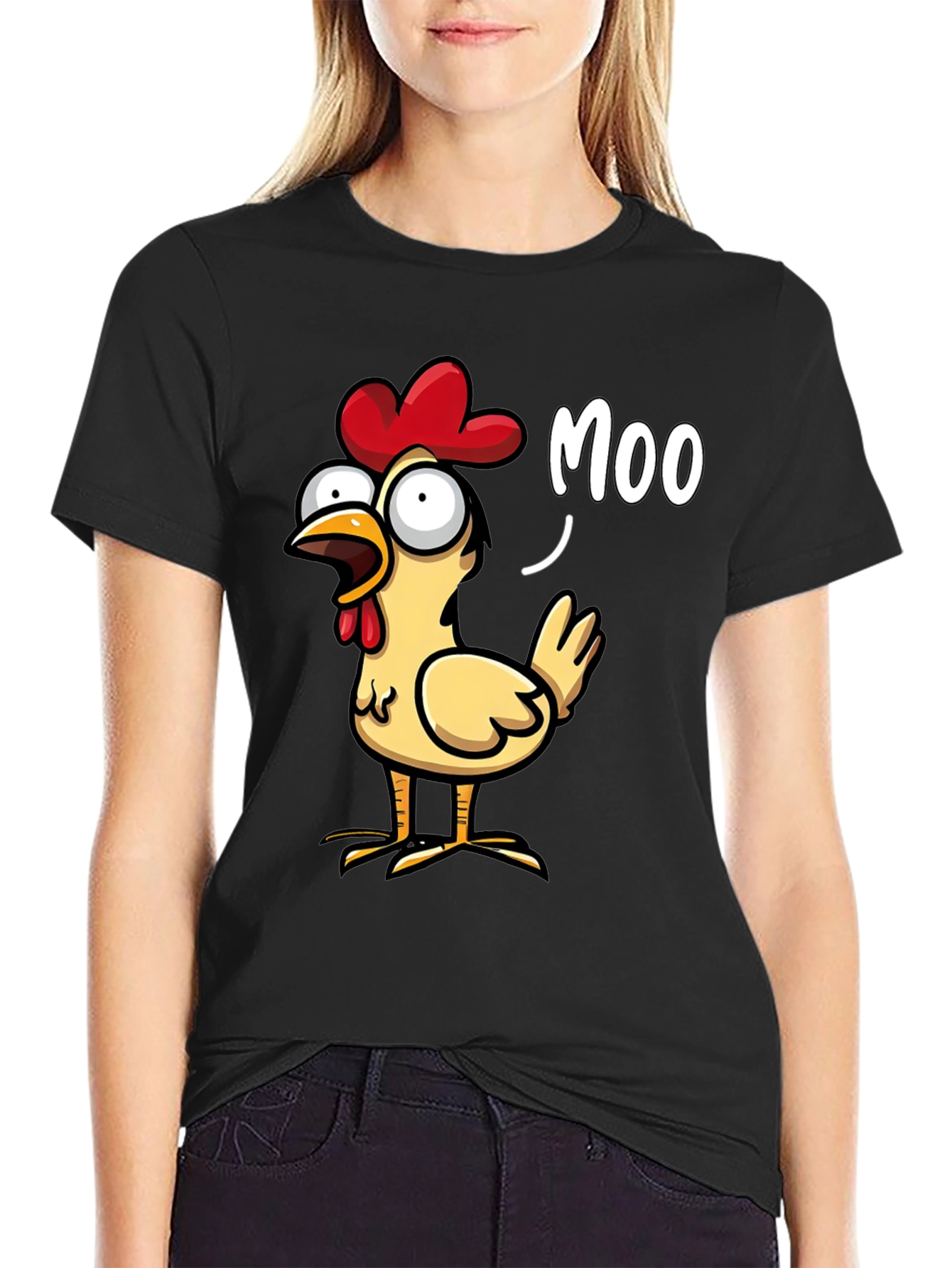 Black Funny Chicken Moo T-Shirt - Novelty Humor Tee view 2