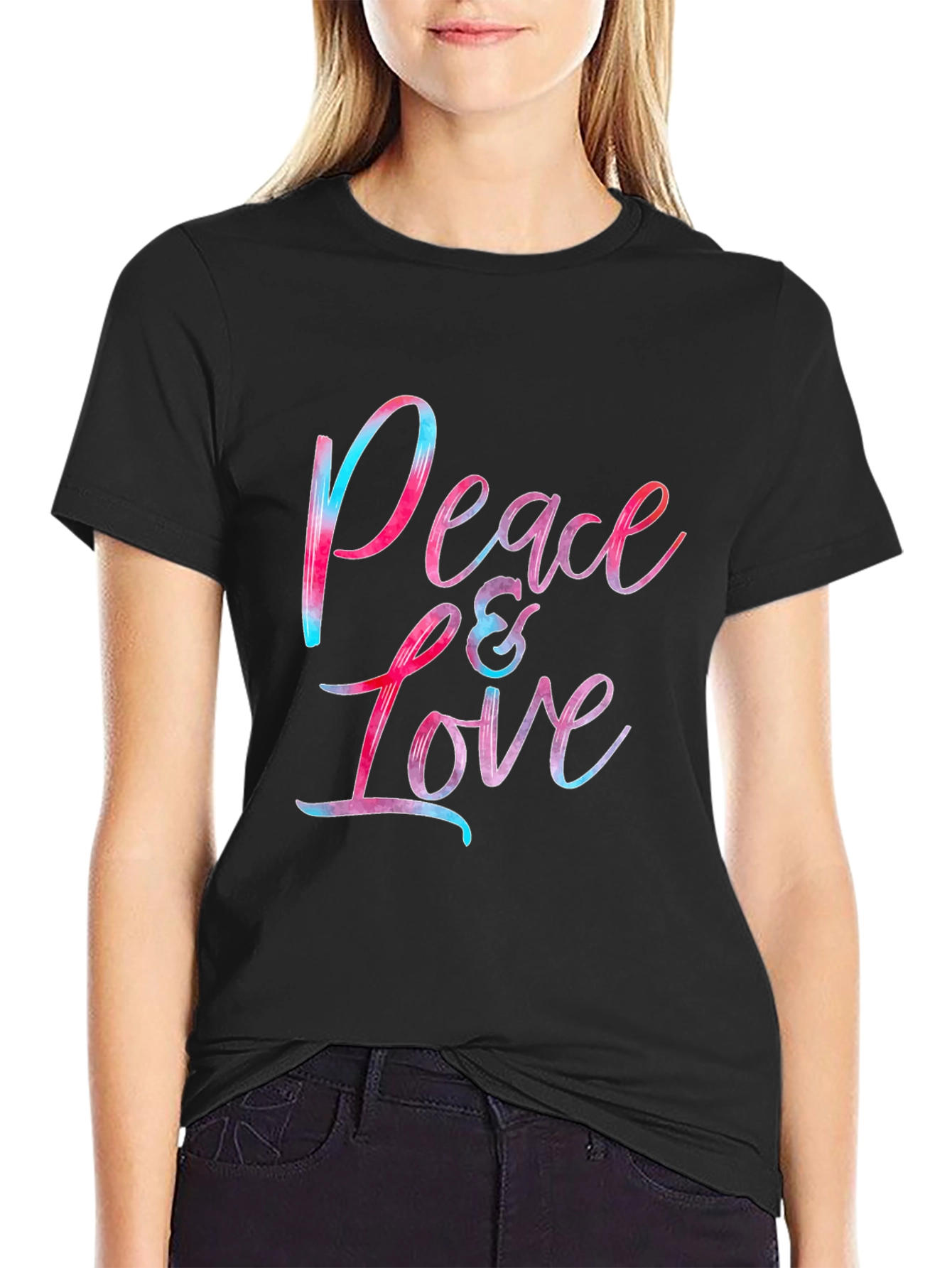 Black Peace & Love Graphic Tee - Soft Cotton Blend Comfort view 2