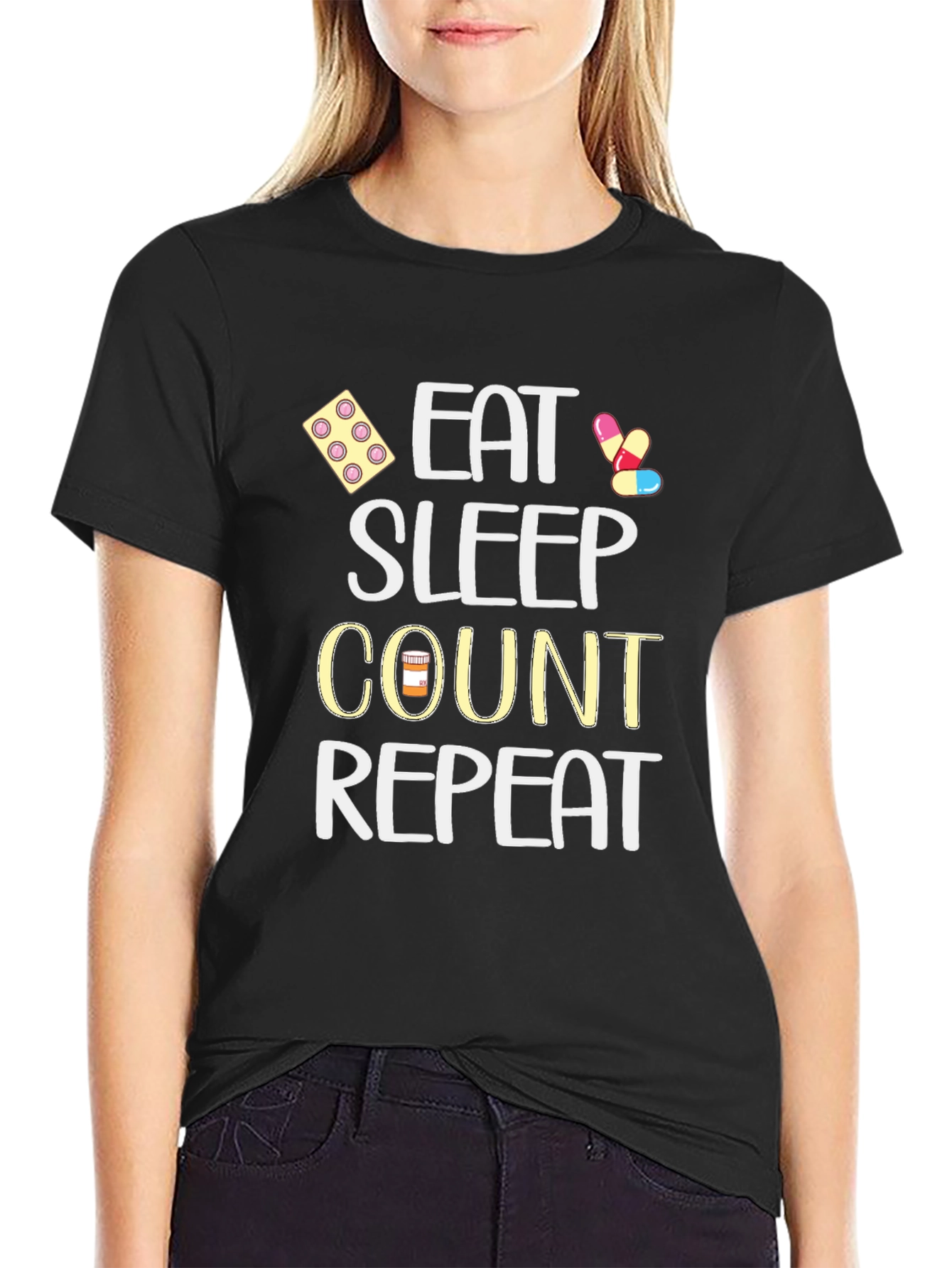Black Eat Sleep Count Repeat - Funny Medical T-Shirt view 2