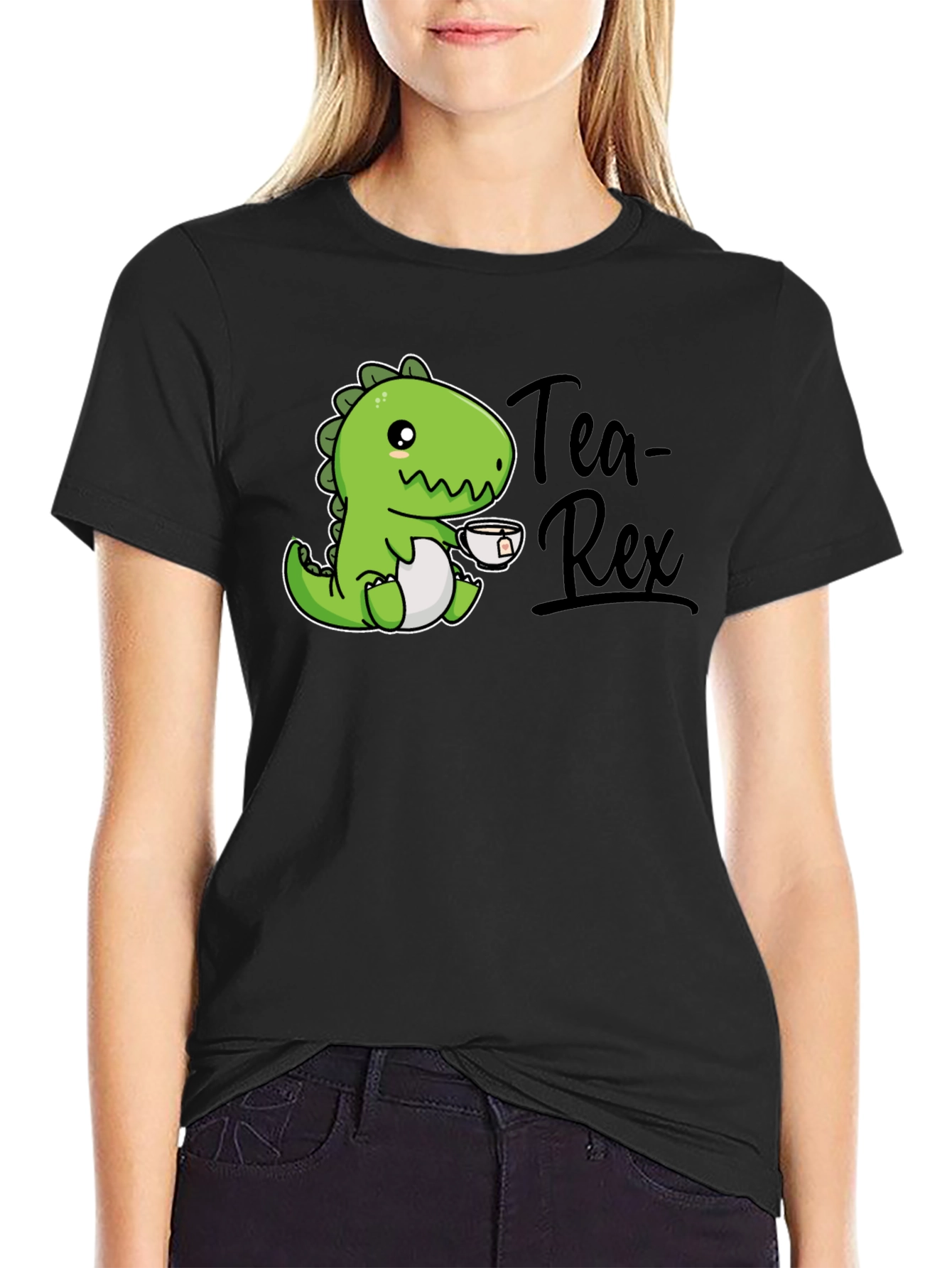 Black Tea Rex T-Shirt - Cute Dinosaur Graphic Tee view 2