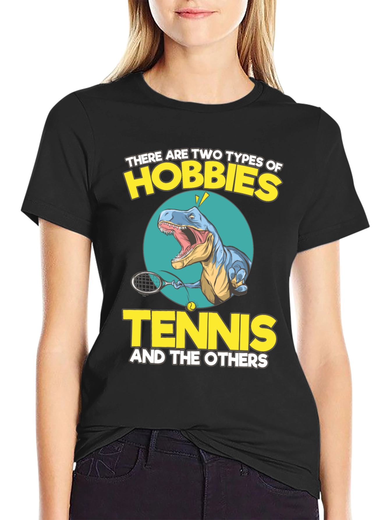 Black Tennis Dinosaur Graphic Tee - Funny Hobby Shirt view 2