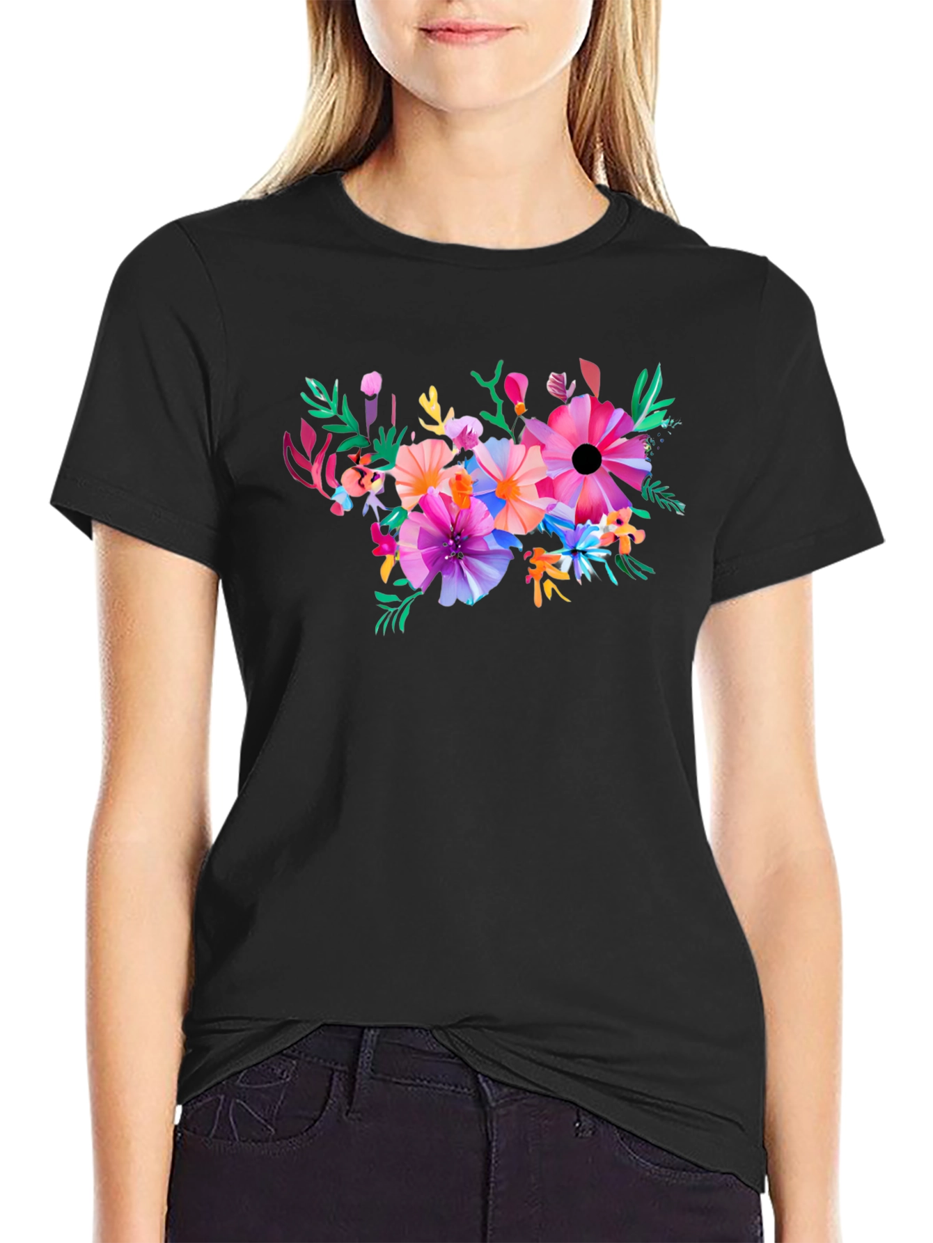 Black Floral Graphic Black T-Shirt view 2