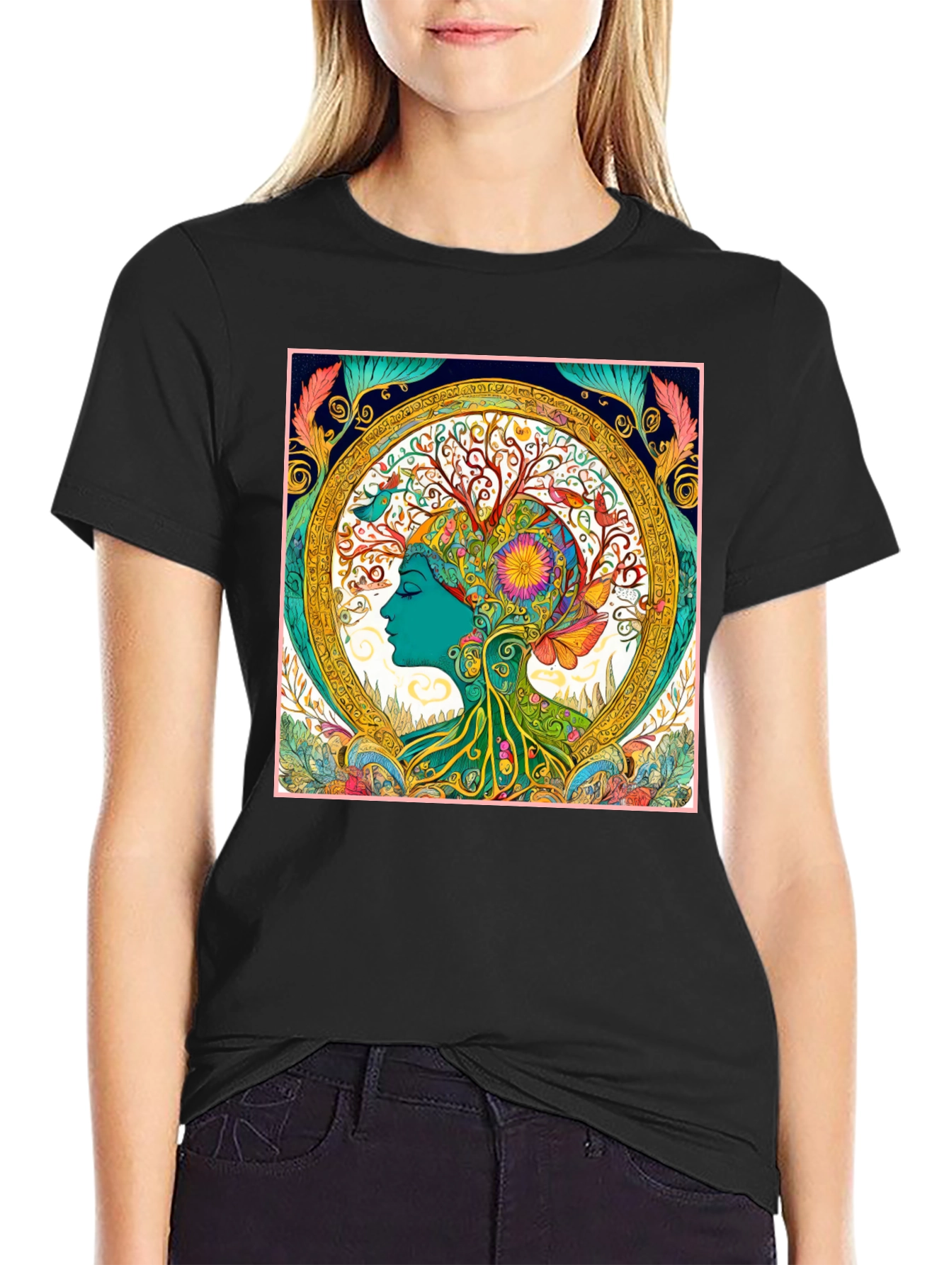 Black Nature Art Graphic Tee - Black Cotton Blend Shirt view 2