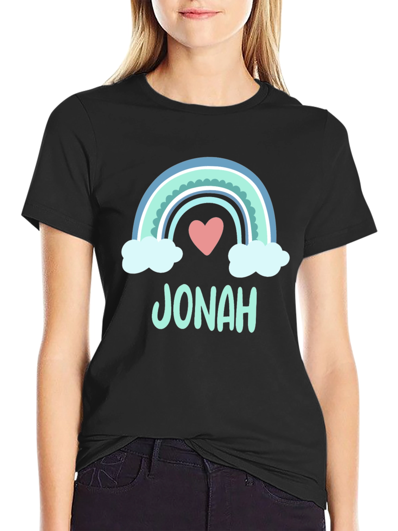 Black Personalized "Jonah" Rainbow Heart T-Shirt view 2