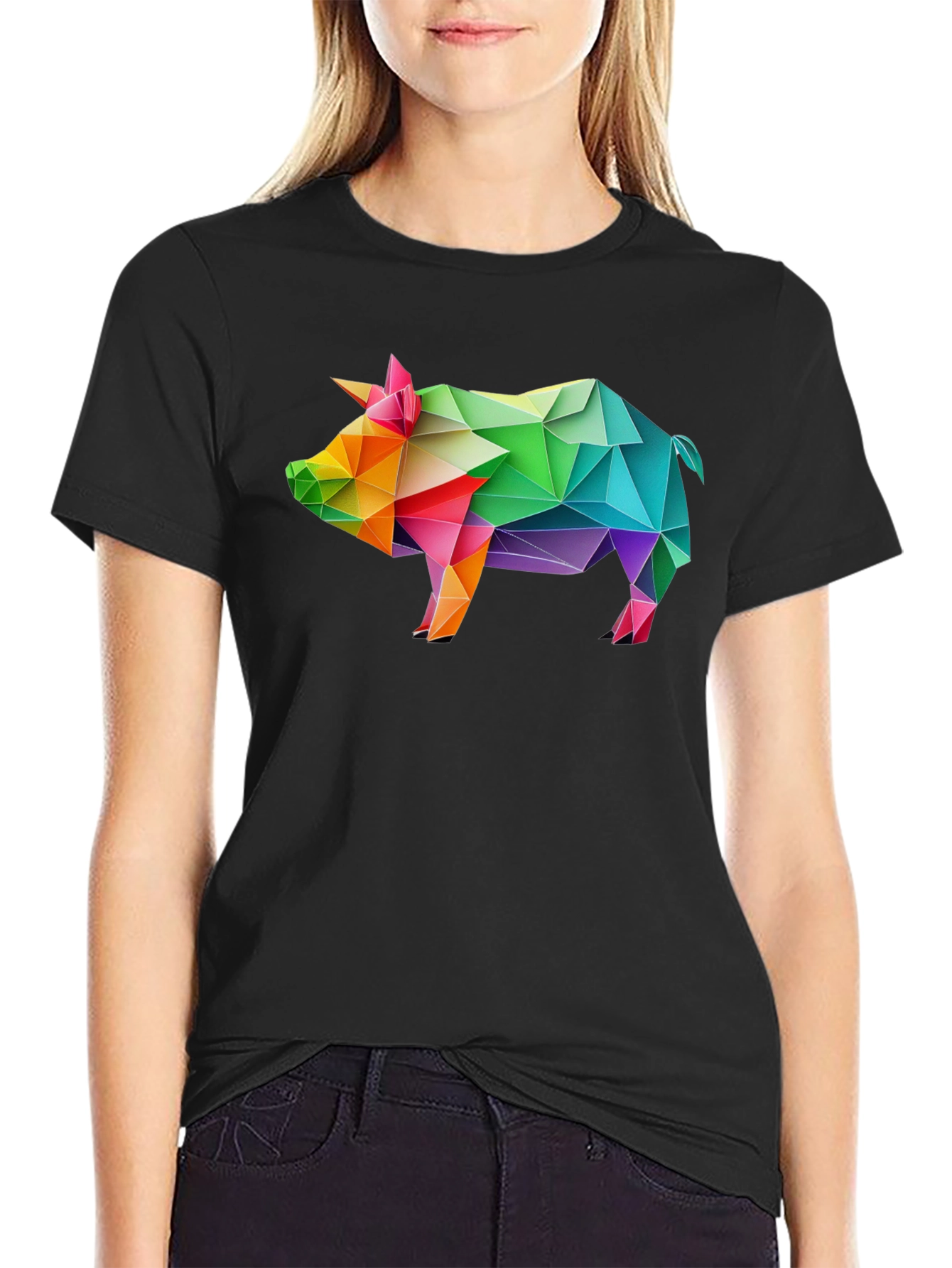 Black Geometric Pig T-Shirt - Black, Unique Design view 2