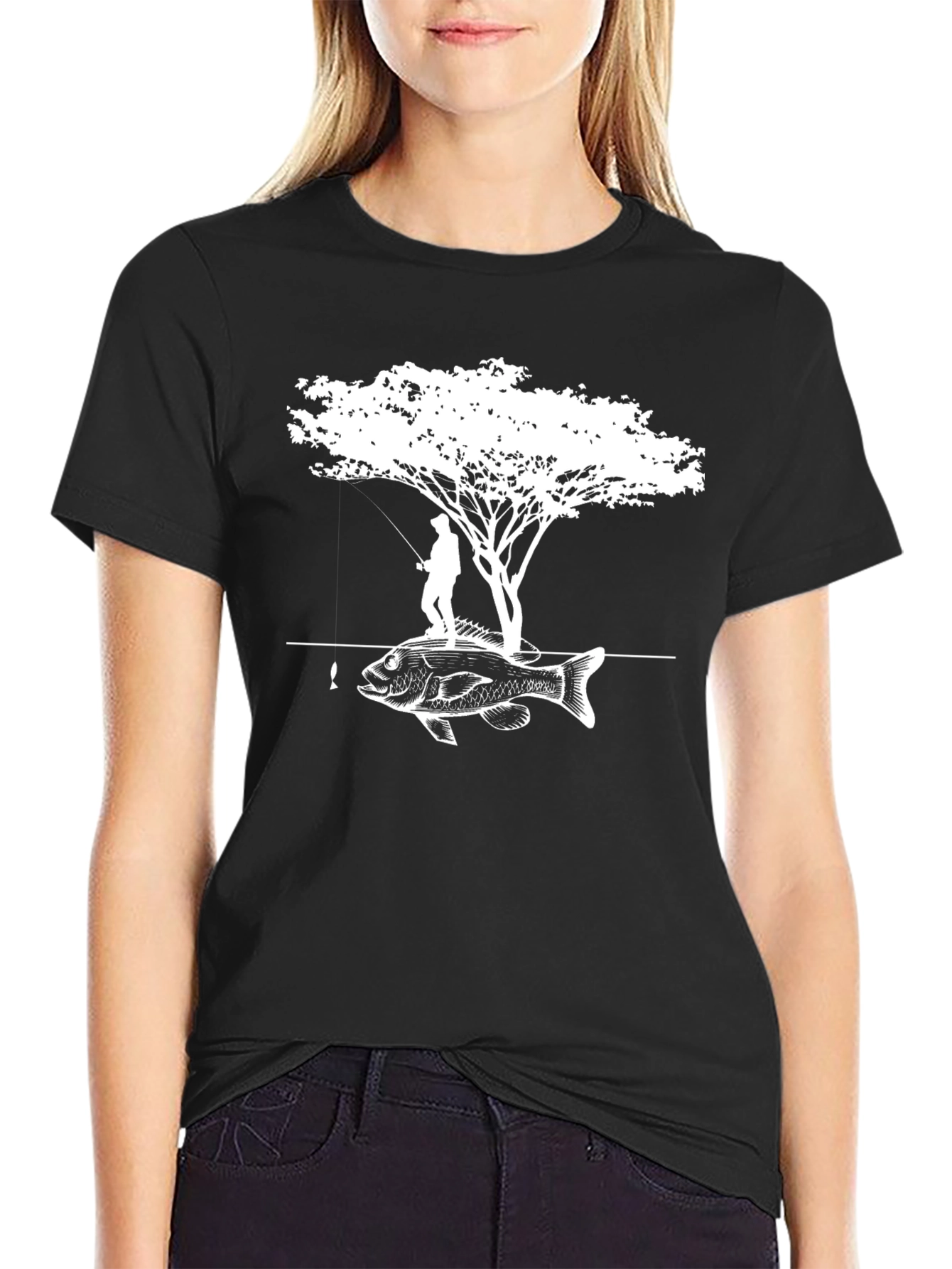 Black Fisherman Tree Bass Graphic Tee - Black Cotton Blend view 2