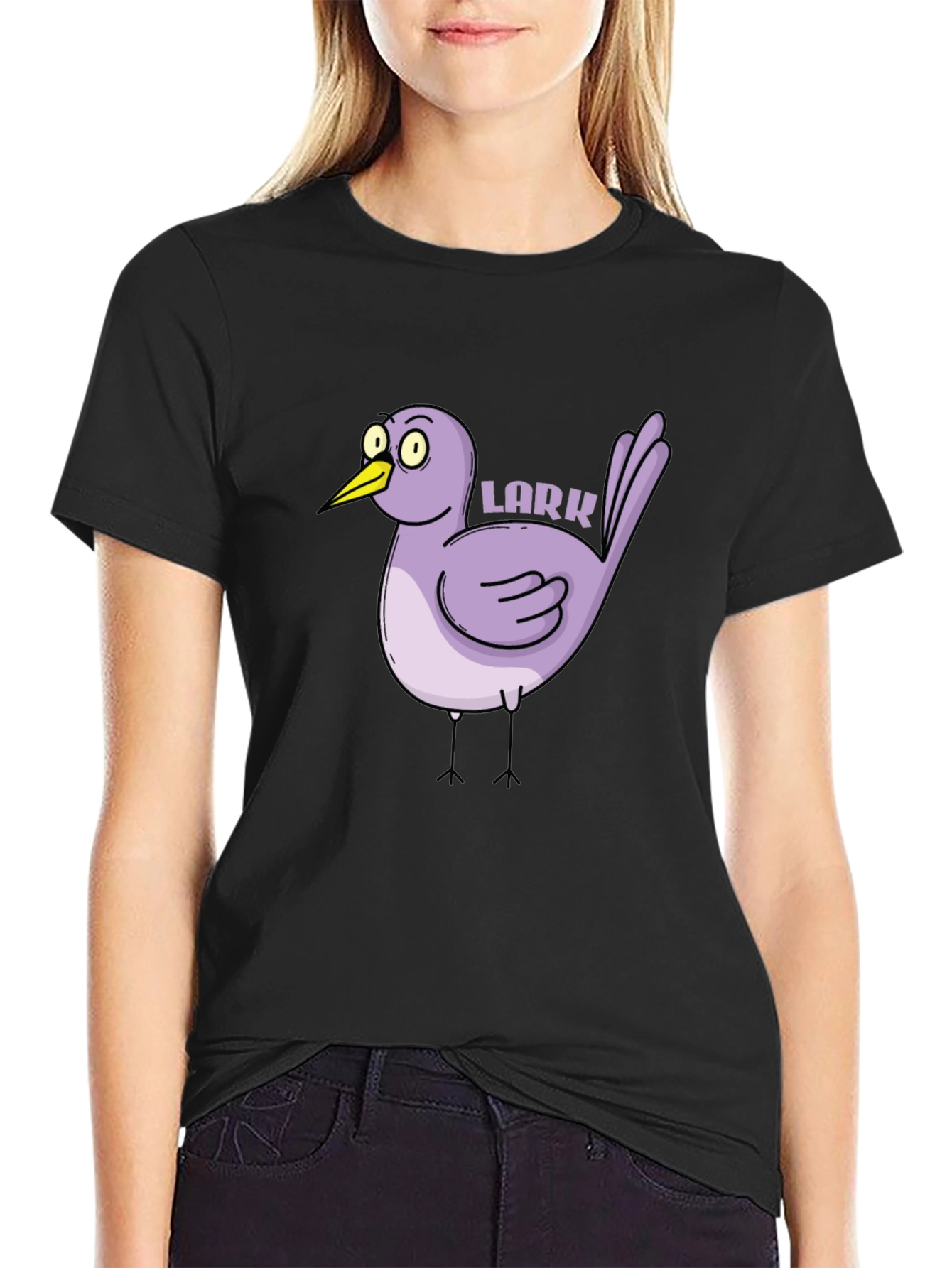 Black Cartoon Lark Bird Graphic Tee - Black view 2