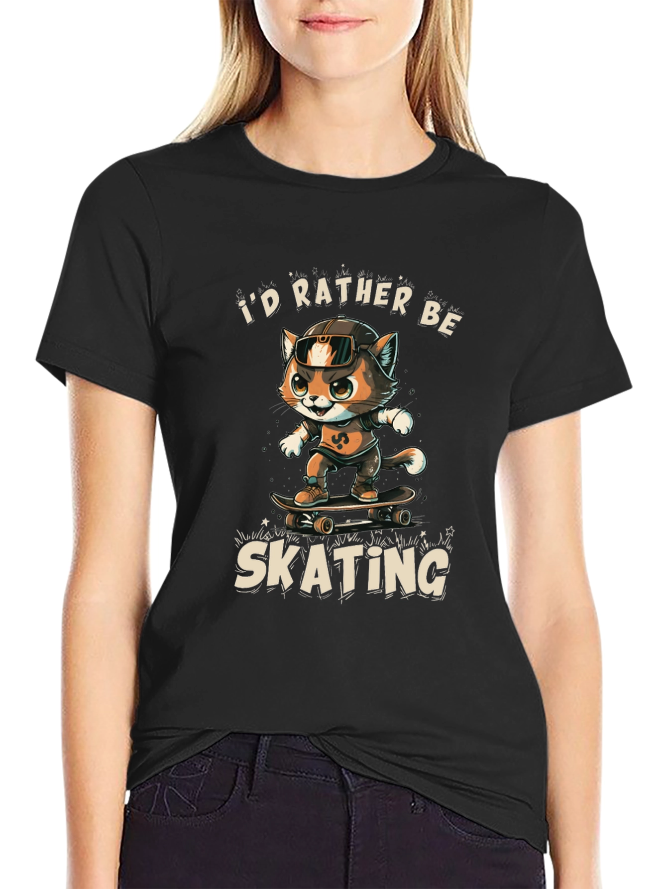 Black Cool Cat Skateboarder Graphic Tee view 2