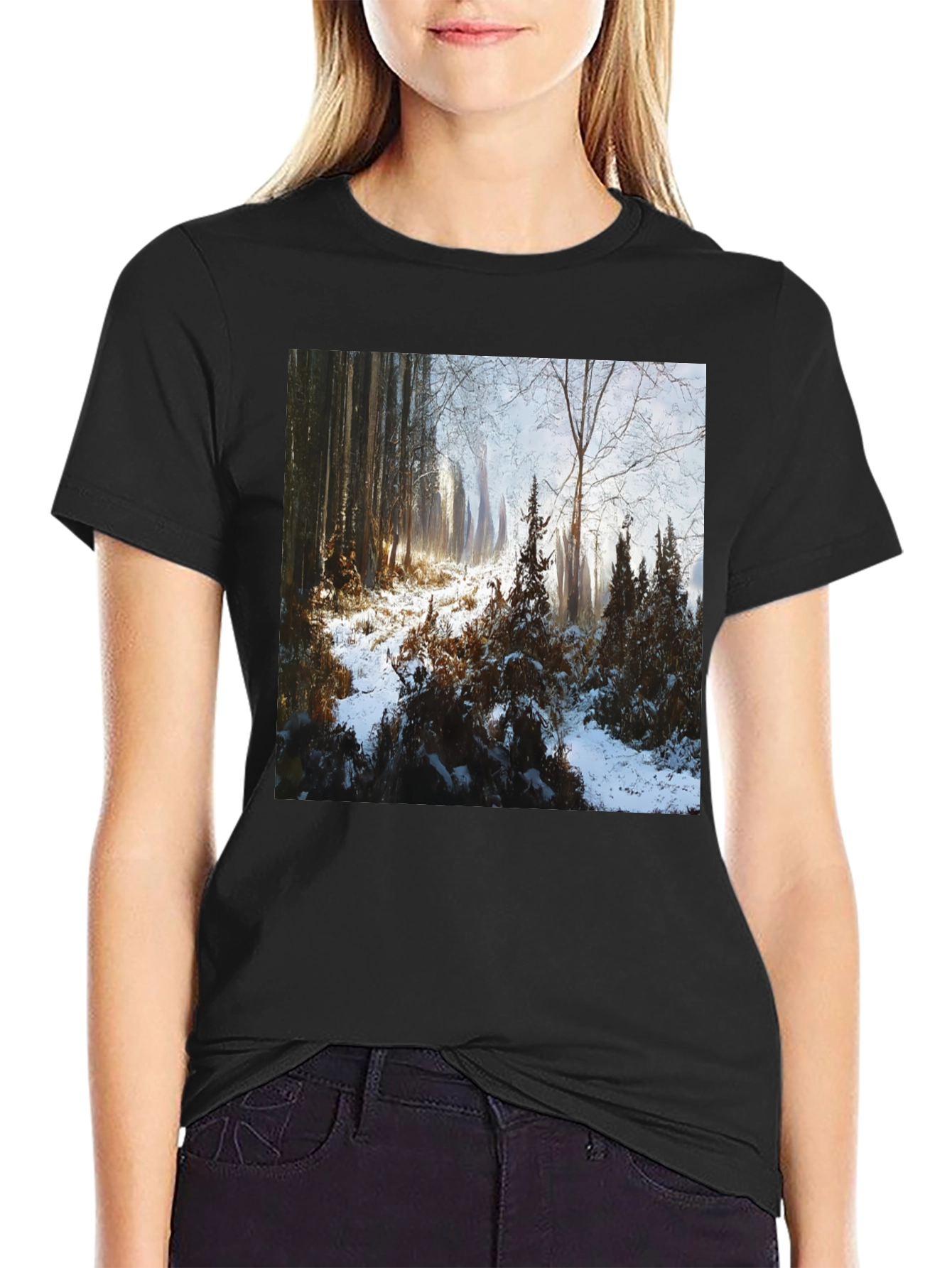 Black Winter Forest Scene T-Shirt view 2