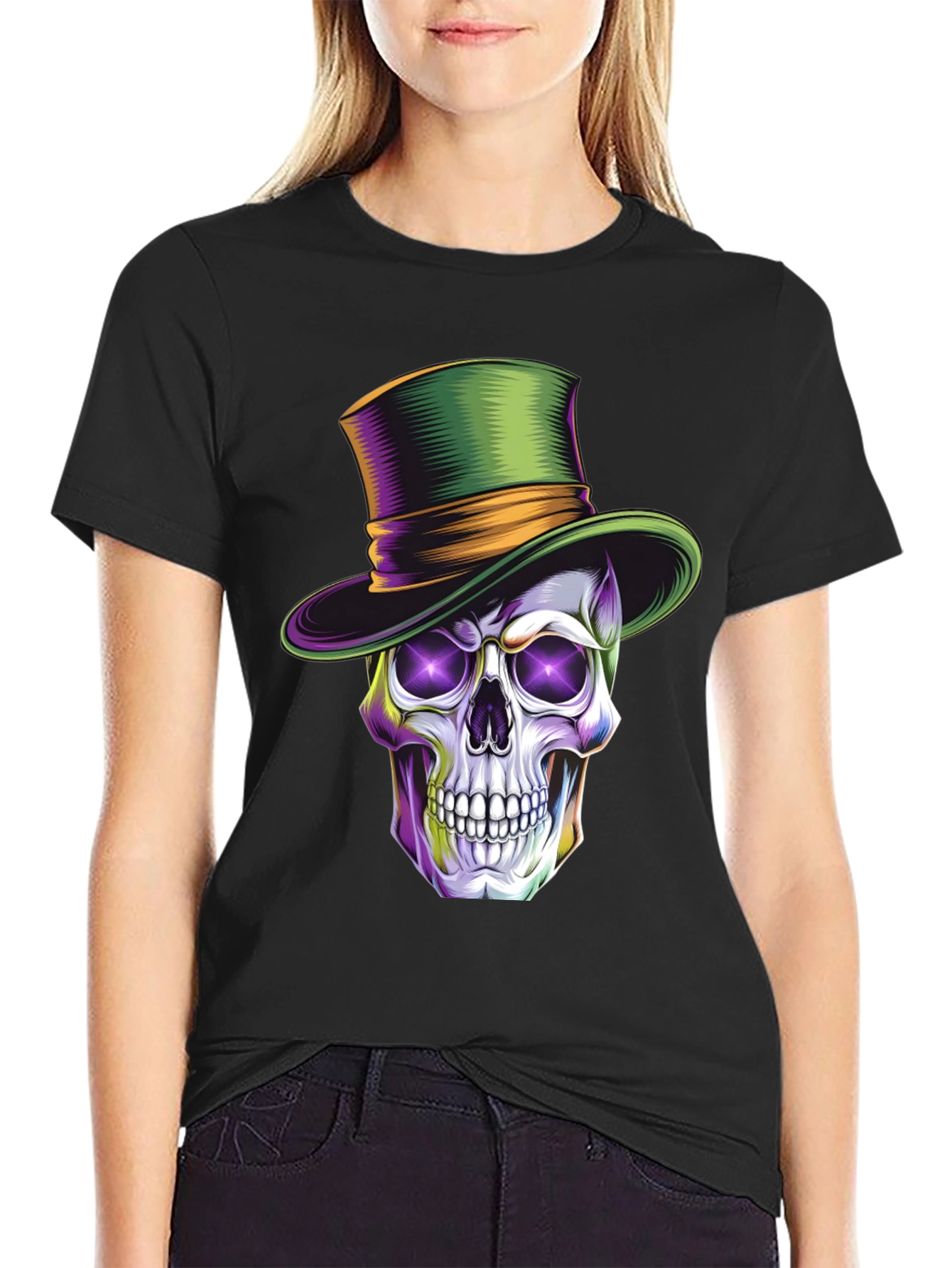 Black Skull with Top Hat Graphic T-Shirt view 2