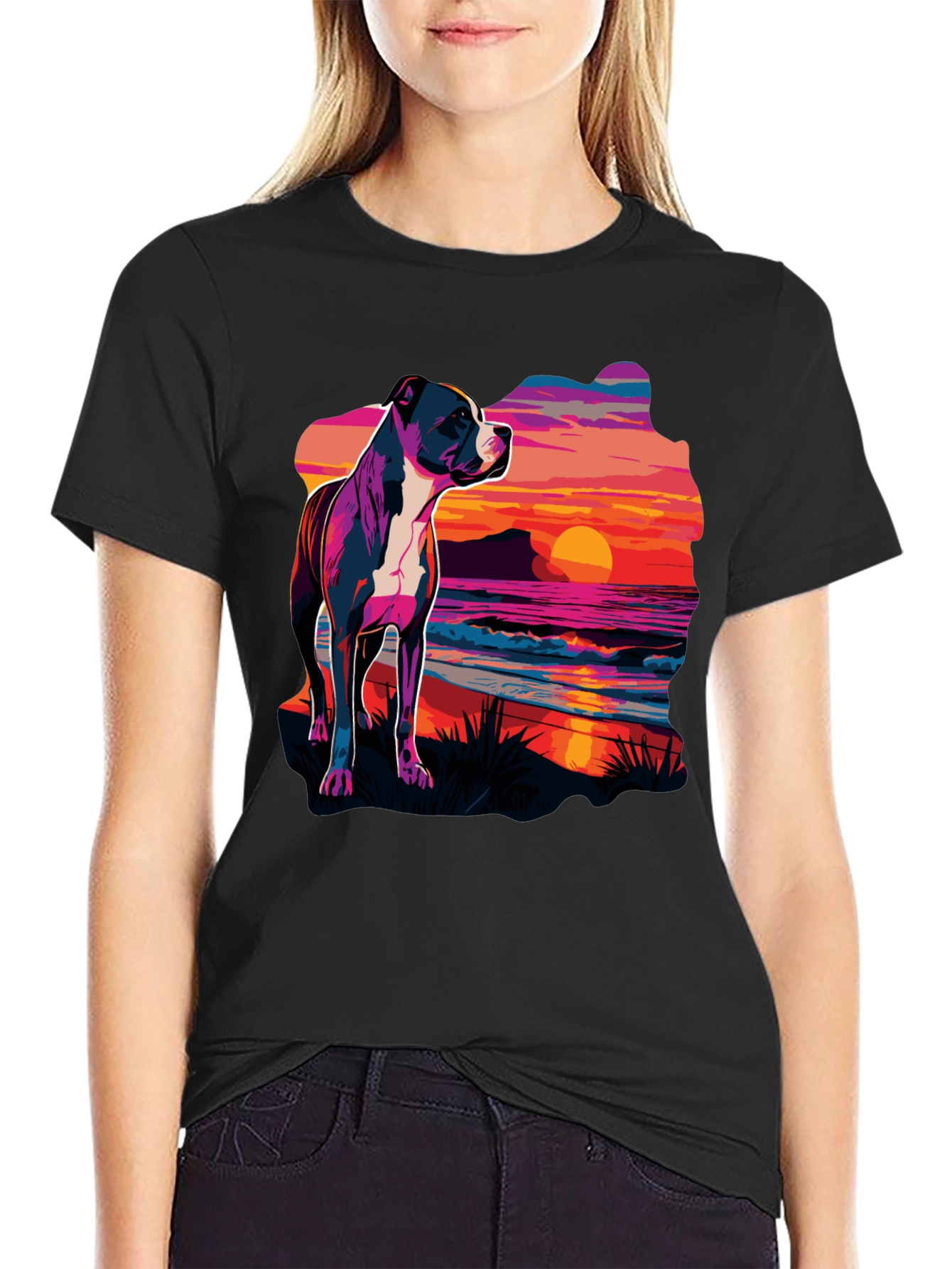 Black Sunset Pitbull Graphic Tee - Cool Dog Lover Shirt view 2