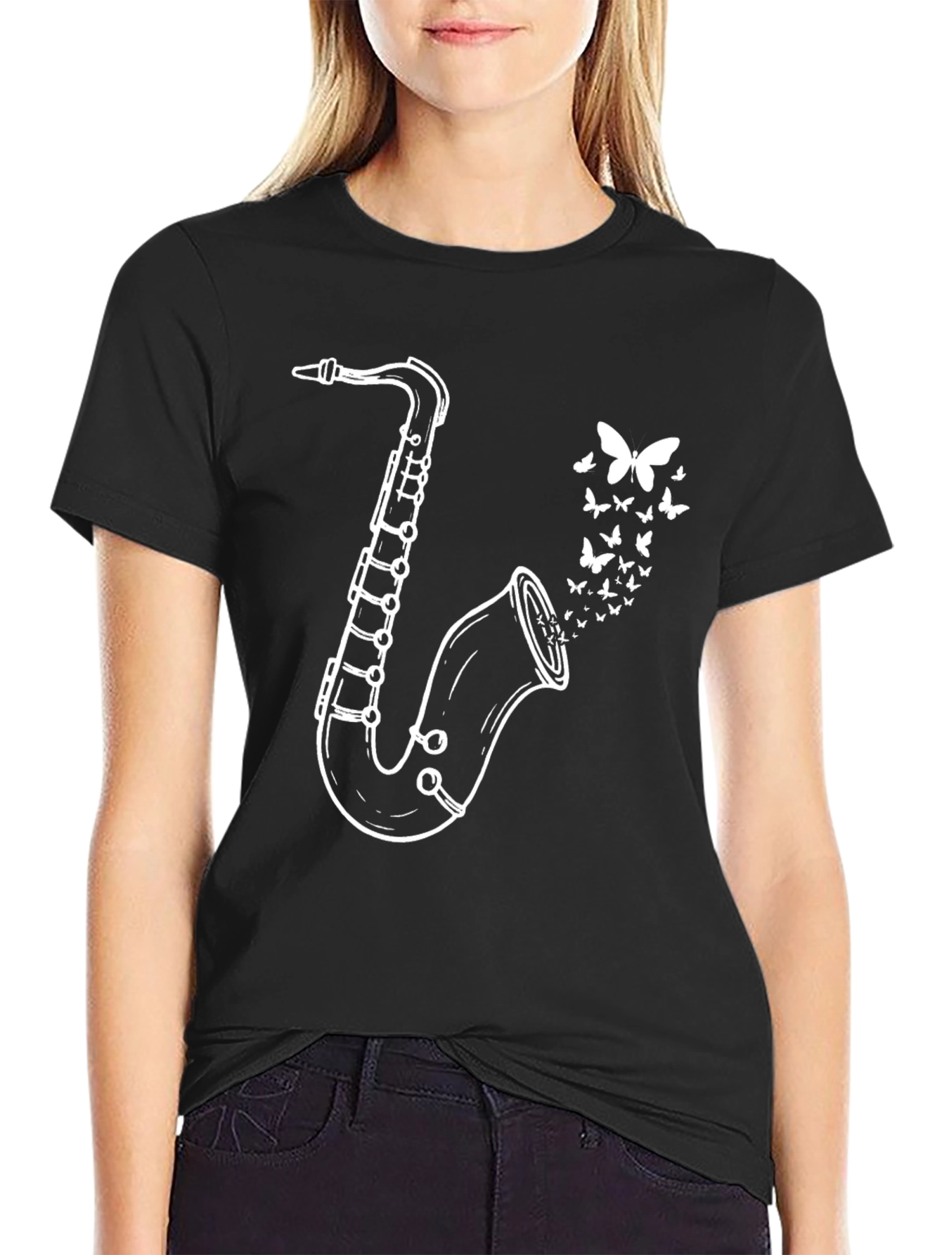 Black Saxophone Butterfly Graphic Tee - Black Casual T-Shirt view 2